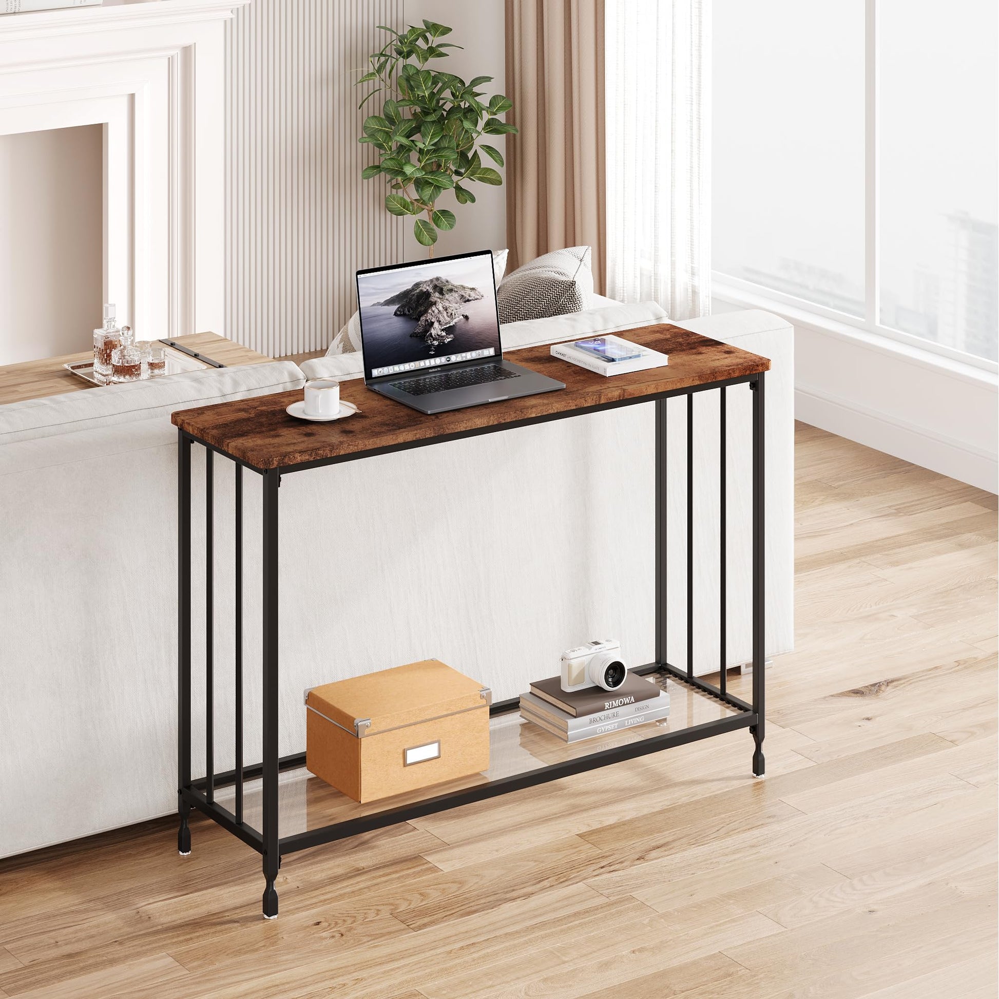 Tavolo consolle Garvee stretto con ripiani in vetro a 2 livelli in legno e metallo per corridoioio e soggiorno 41,3"x11,8"x31,8" Retro naturale