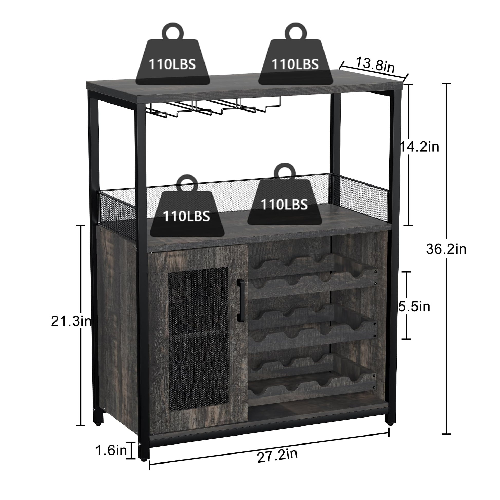 Mobile bar per vino Garvee a 3 ripiani con portabottiglie rimovibile, portabicchieri per cucina e soggiorno, 27,2"L x 13,8"P x 36,2"A, MDF e ferro