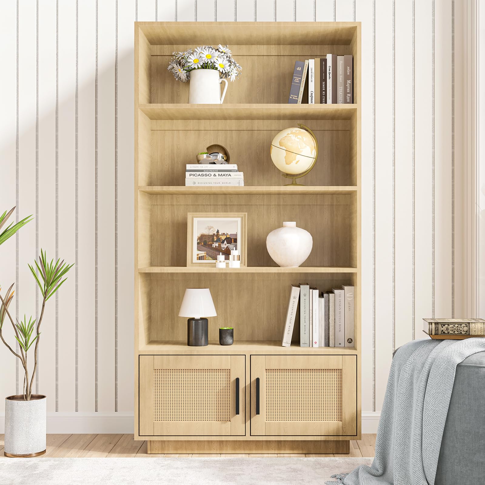Libreria Garvee Boho con ante in rattan, 5 ripiani, MDF robusto, soggiorno/ufficio, 31,5"L x 63"A, colore naturale