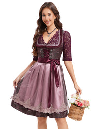 Garvee Dirndl Abito tradizionale da donna in jacquard rosso vino Midi Oktoberfest Outfit 42 Bordeaux Rosso Rosa Scuro