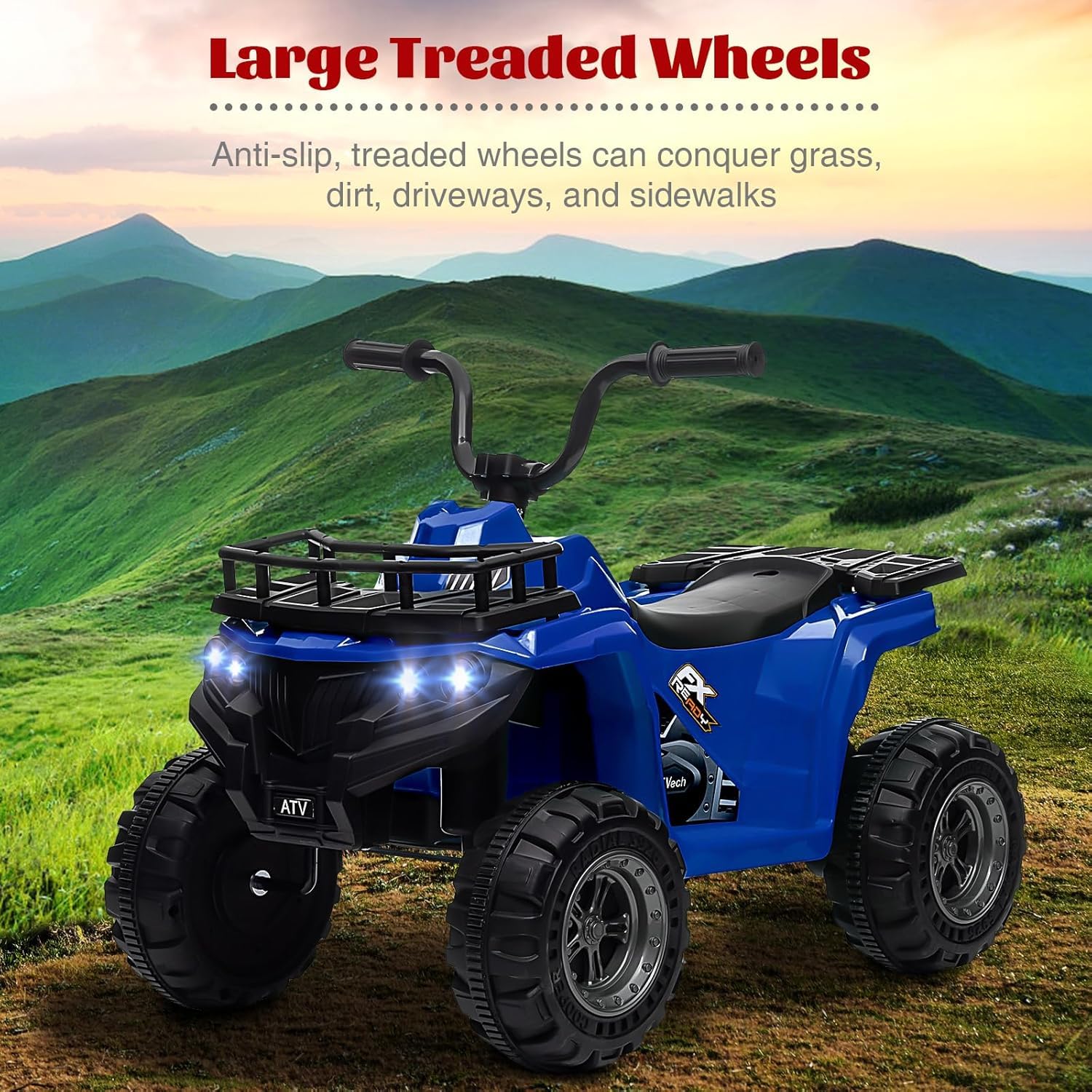 Quad elettrico Garvee 12V per bambini dai 2 ai 5 anni, auto giocattolo elettrica ATV con luci a LED, musica e design antiurto, giocattolo robusto per esterni, controllo sicuro della velocità