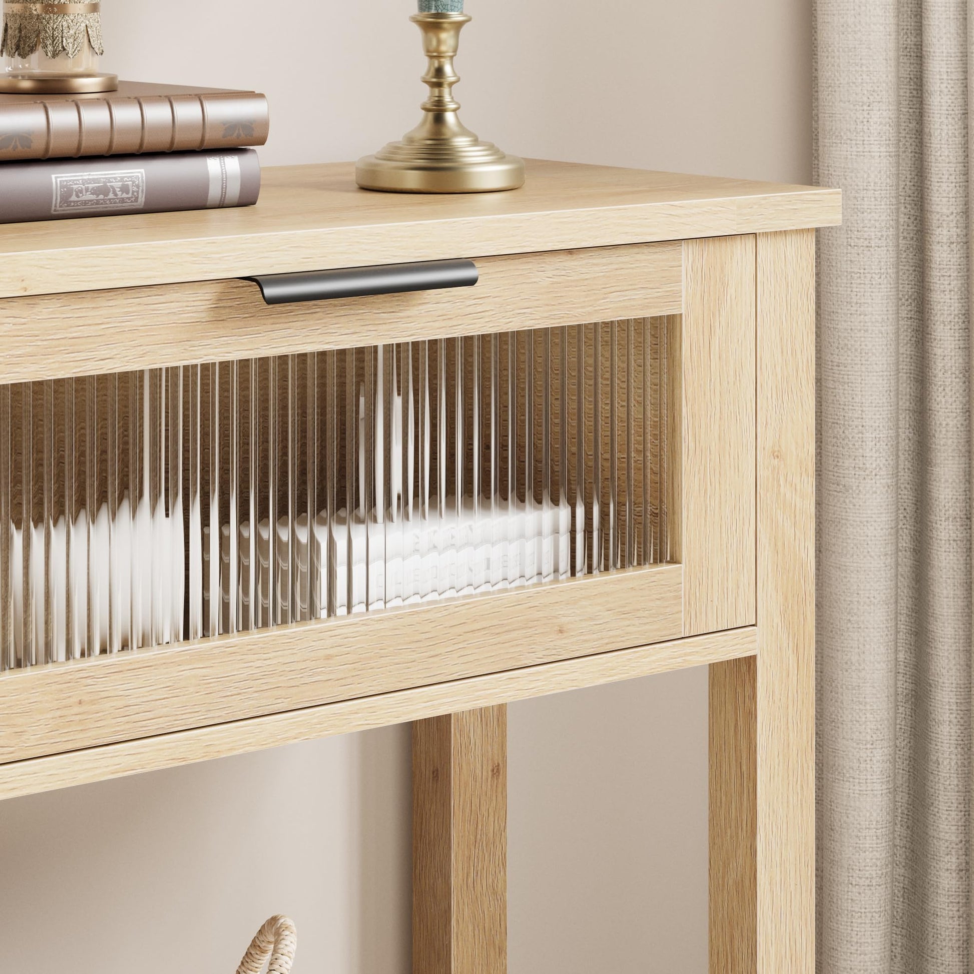 Tavolo consolle in legno Garvee con 2 cassetti in vetro, MDF robusto, stile country per corridoio e soggiorno, 43,3"x11,8"x31,4", Burlywood