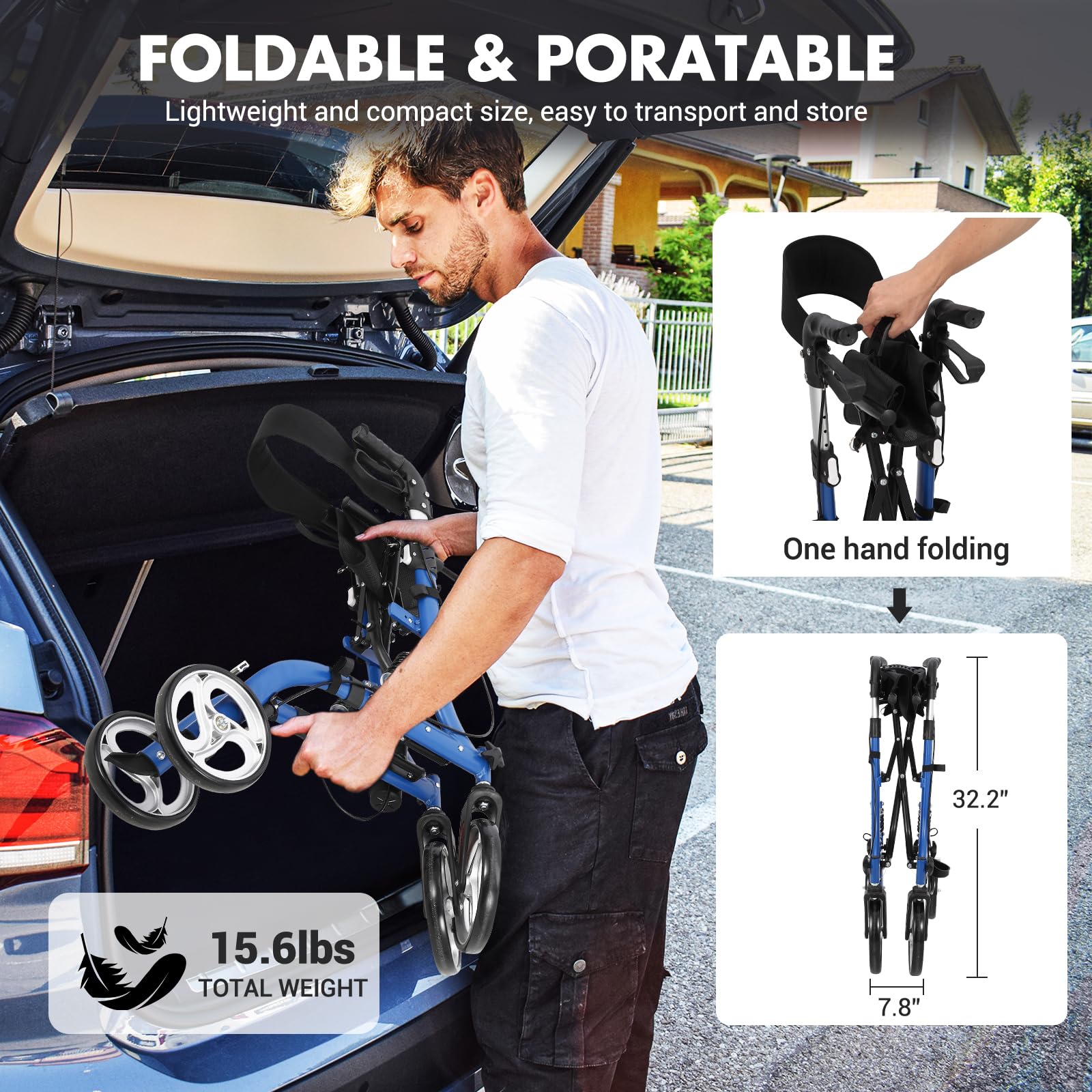 Garvee Rollator pieghevole e sedia da trasporto 2 in 1, capacità di carico di 136 kg, rollator per tutti i terreni con doppio sistema frenante e borsa portaoggetti, telaio in alluminio leggero per anziani, shopping, uso esterno
