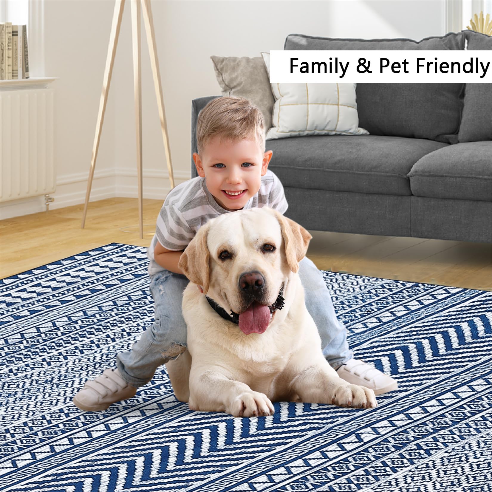 Garvee Läufer Teppich Boho Moderno - Fleckenabweisend, Wasserfest - Navy Blau, 160x200cm - Wohnzimmer & Schlafzimmer
