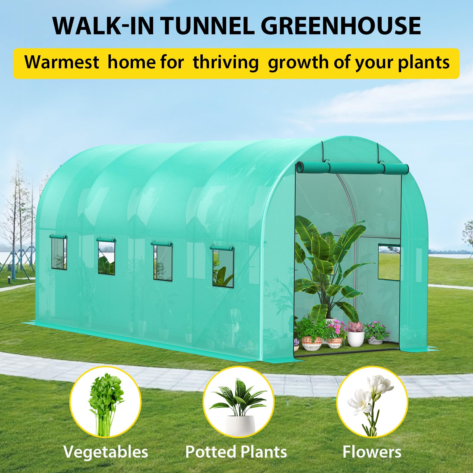 Serra Garvee 7x15x7FT – Serra con struttura in acciaio con 2 porte e 8 finestre per giardino e uso esterno