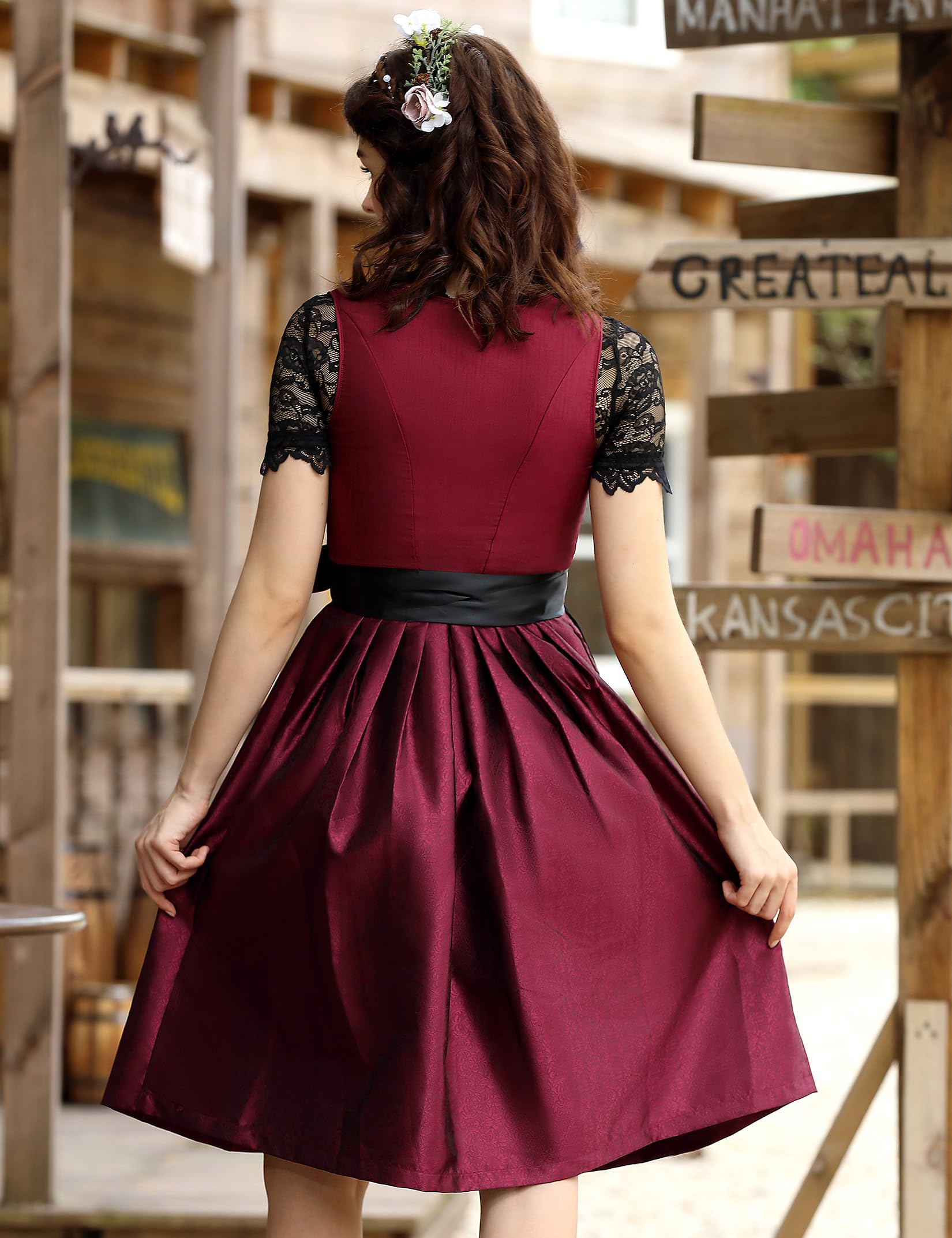 Garvee Dirndl, abito tradizionale da donna, set da 3 pezzi con camicetta e grembiule per Oktoberfest bavarese, Halloween, Carnevale, Borgogna, taglia 36