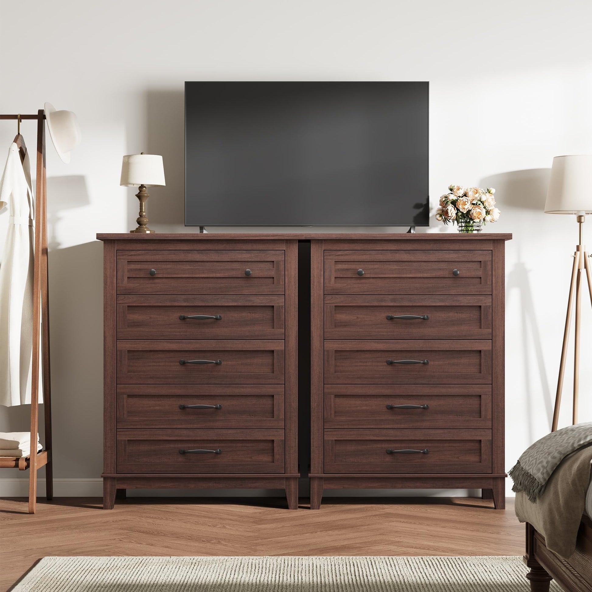 Cassettiera Garvee a 5 cassetti, in legno di noce, per camera da letto e soggiorno, grande, moderna, rustica, MDF, impermeabile, protezione antiribaltamento