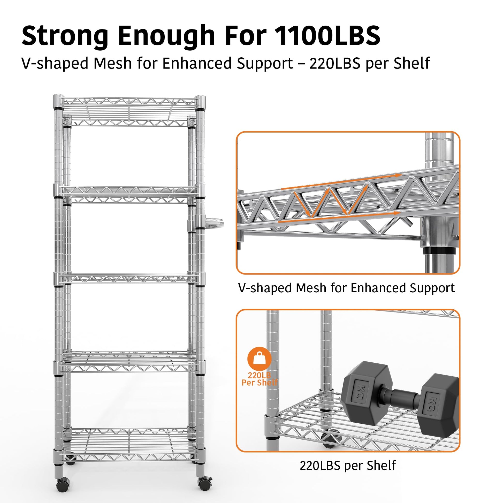 Scaffale portaoggetti in metallo Garvee, 5 ripiani con ruote, capacità di carico 1100 libbre, ripiani in filo metallico regolabili, acciaio, argento, per cucina e garage, 61 A x 23,6 P x 11,8 L