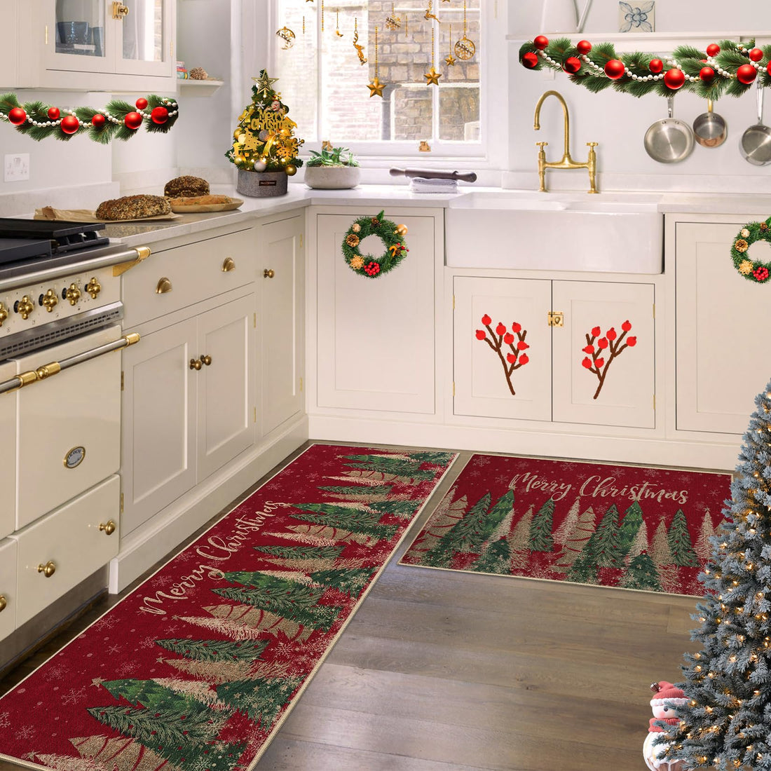 Tappetino da cucina Garvee Christmas Tree, set da 2 pezzi, antiscivolo, imitazione canapa, 40x60 + 40x120 cm, design festoso