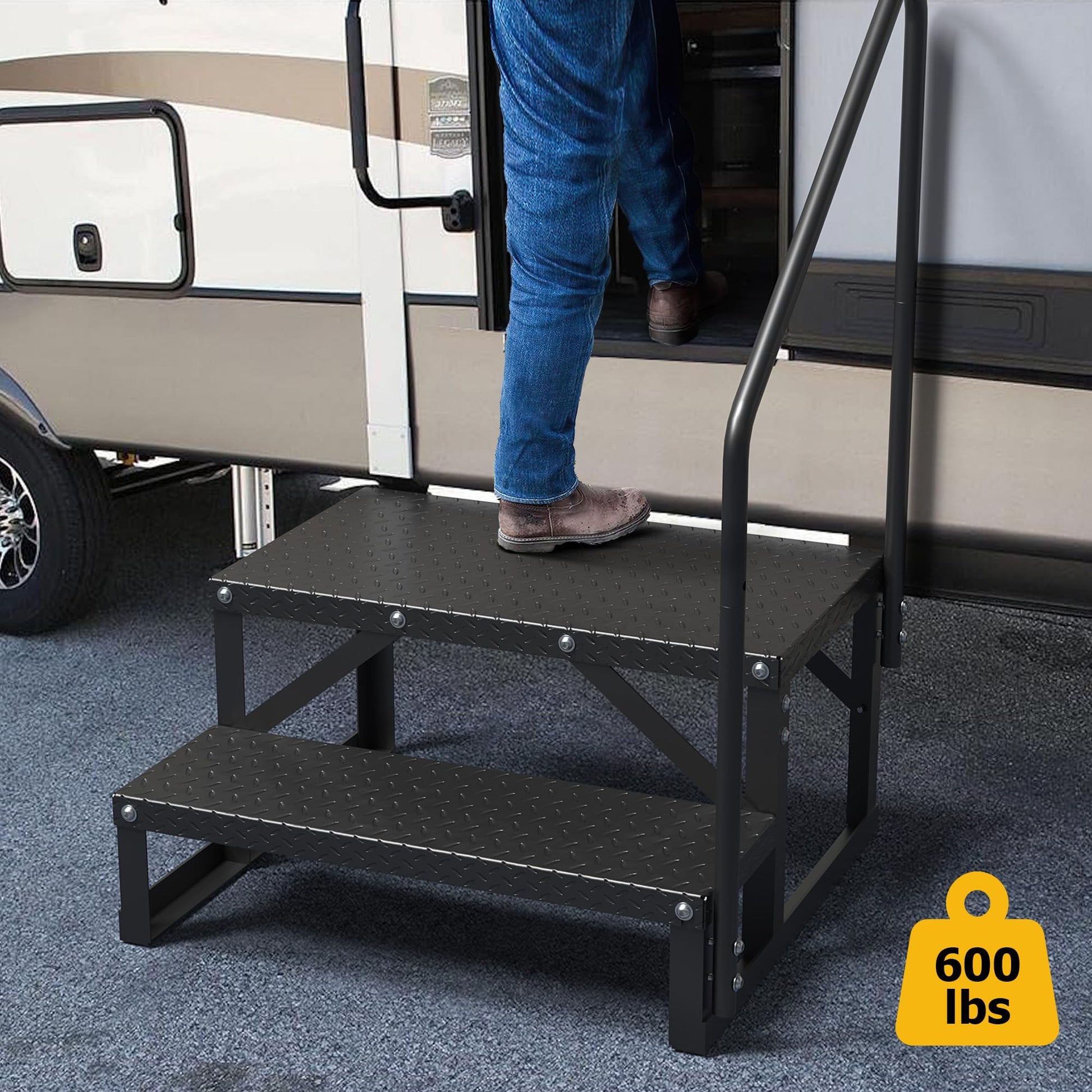 Gradini per camper Garvee con corrimano, 2 gradini, alluminio, superficie antiscivolo, capacità di carico di 660 libbre, per campeggio e uso all'aperto, robusti, portatili
