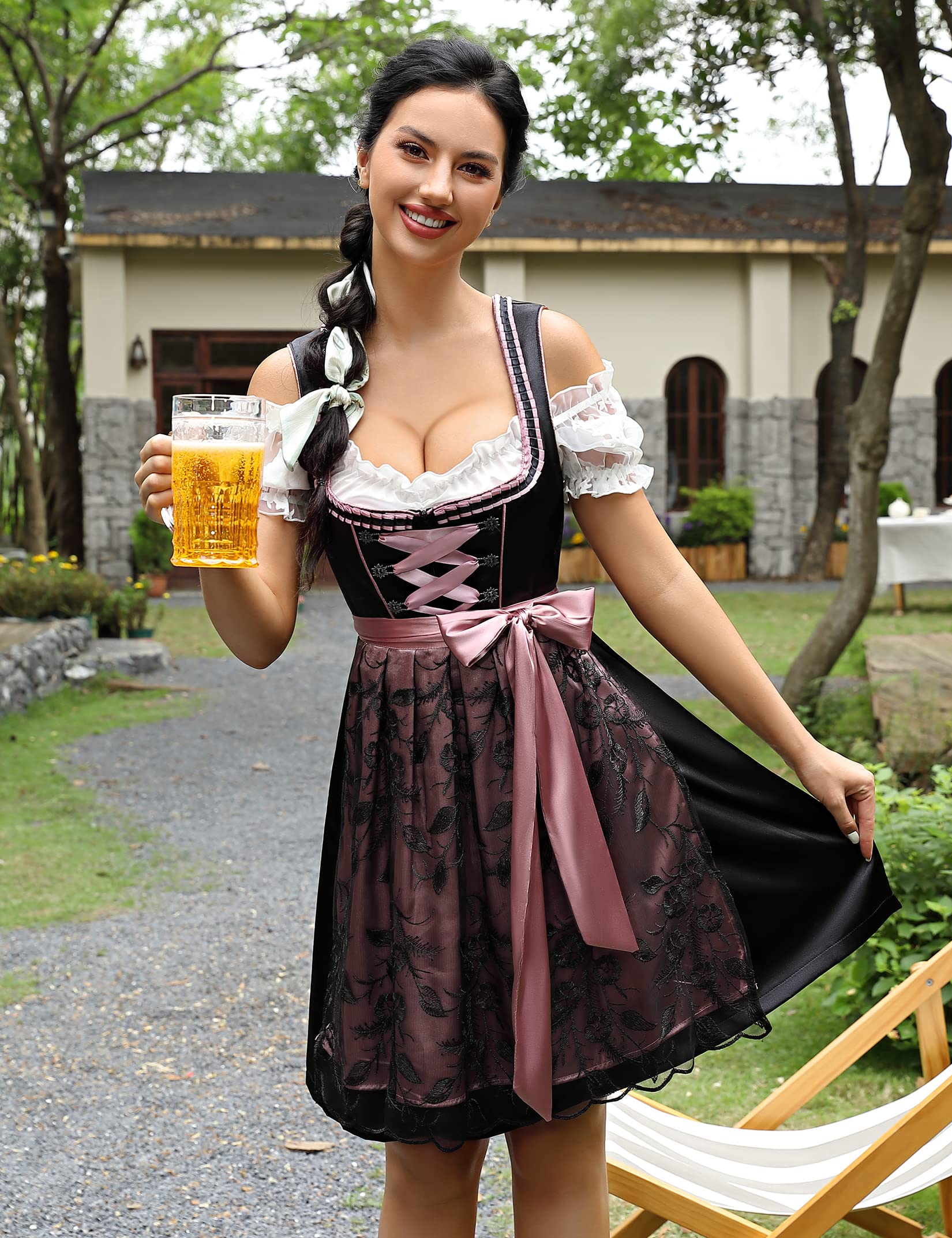Garvee Dirndl da donna, abito tradizionale midi, set da 3 pezzi con camicetta e grembiule per l'Oktoberfest, nero, taglia 34