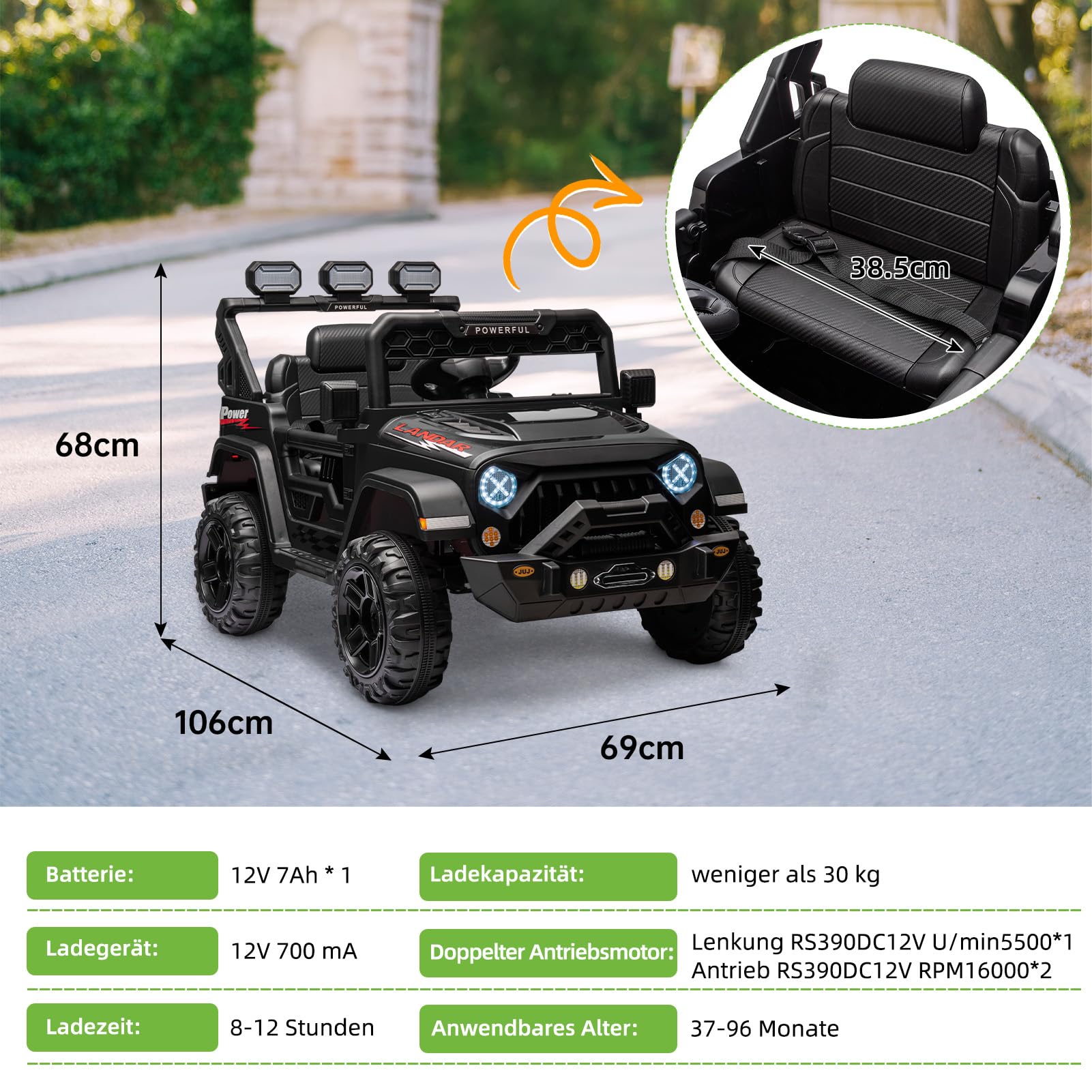 Auto elettrica per bambini Garvee con batteria potenziata da 12 V 7 Ah, veicolo elettrico a 3 velocità, 2 modalità di funzionamento, nera, per bambini da 1 a 8 anni