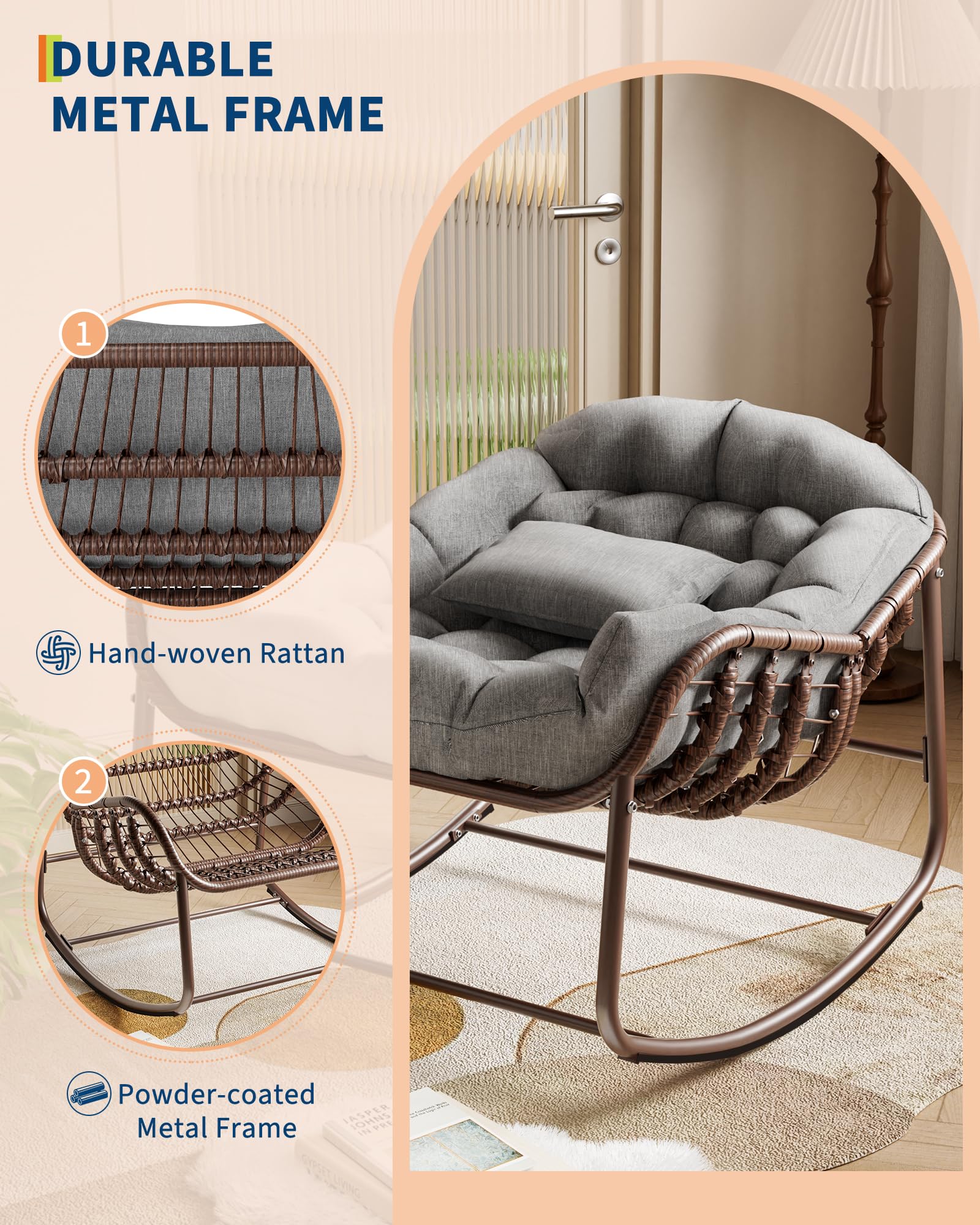 Sedia a dondolo Papasan da esterno Garvee, sedia a sdraio in rattan di grandi dimensioni con struttura in acciaio per balcone e giardino, grigia