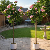 Garvee Albero Artificiale di Camelia 3.6FT, 2 Pezzi, Fiori Rosa, Vaso Bianco Maculato, Realistico, Decorazione Casa e Ufficio