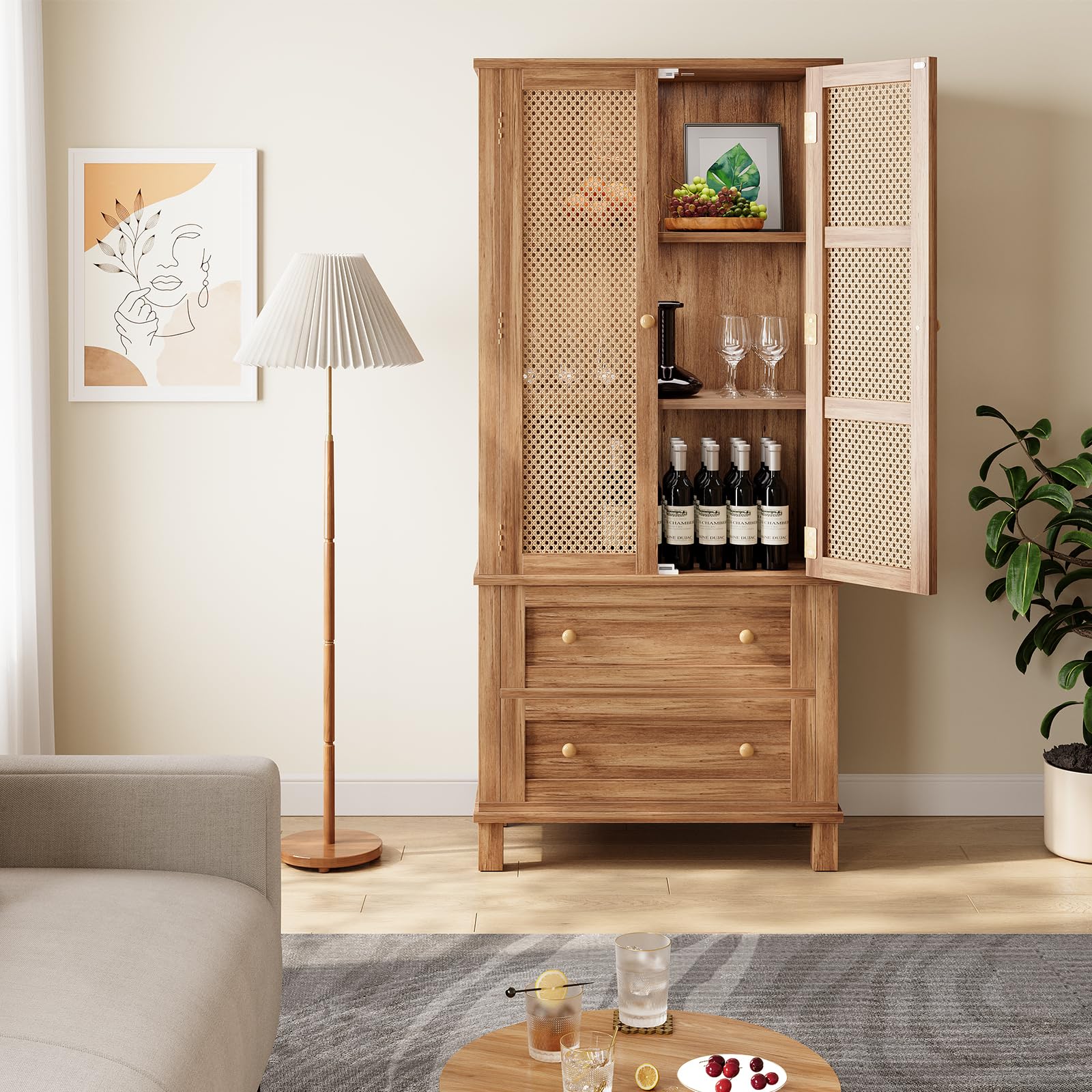 Garvee Armadio Dispensa Cucina Rattan 2 Porte 2 Ripiani Regolabili Legno Massello 64" Noce Rustico