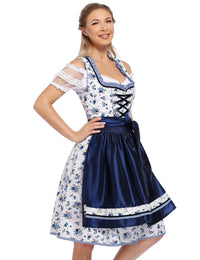 Garvee Dirndl tradizionale da donna per l'Oktoberfest, abito con gonna midi, camicetta e grembiule, motivo floreale, blu navy, taglia M