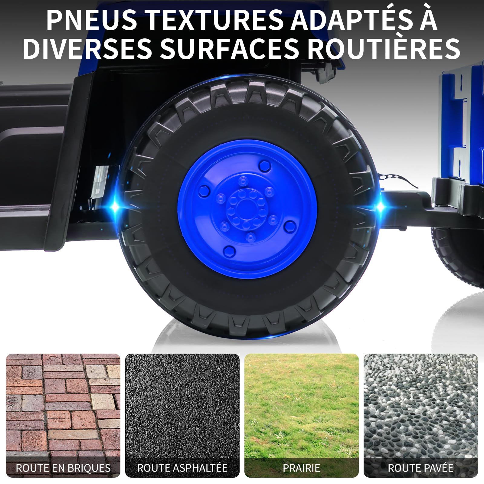 Trattore elettrico per bambini Garvee con rimorchio staccabile, 12 V, 6 pneumatici, telecomando, musica, doppio motore, fari a LED, blu, per giardino e cortile