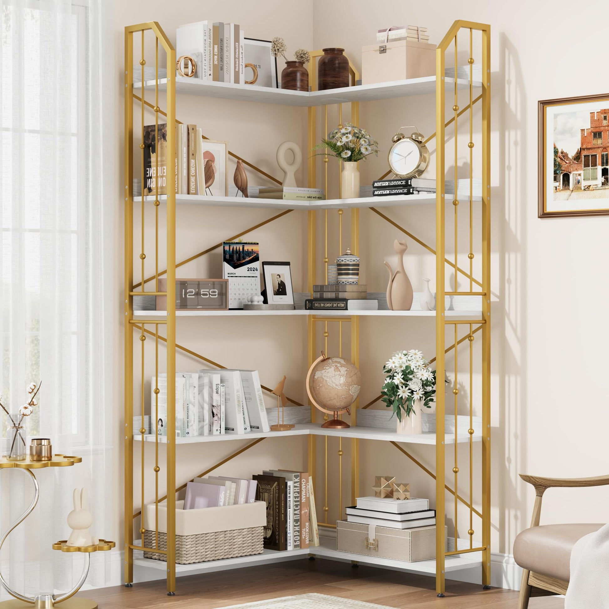 Mensola angolare Garvee da 72" a forma di L, libreria industriale in metallo e MDF, soggiorno, camera da letto, nero