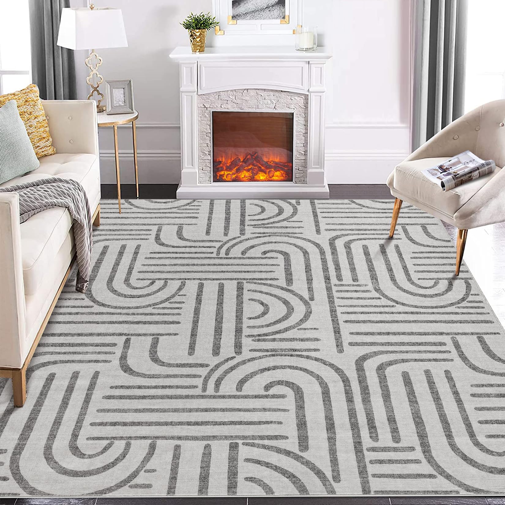 Garvee Teppich 80x150 cm Geometrico Grigio, Lavabile & Antiscivolo, Morbido Imitazione Cashmere, Moderno Design per Soggiorno e Camera