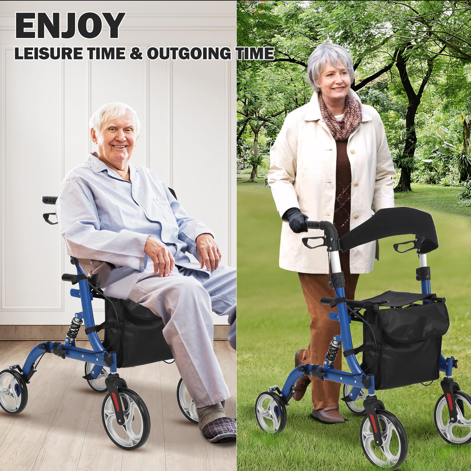 Rollator pieghevole Garvee con ammortizzatori - ruote anteriori da 12" e posteriori da 10" per comfort e sicurezza su tutti i terreni