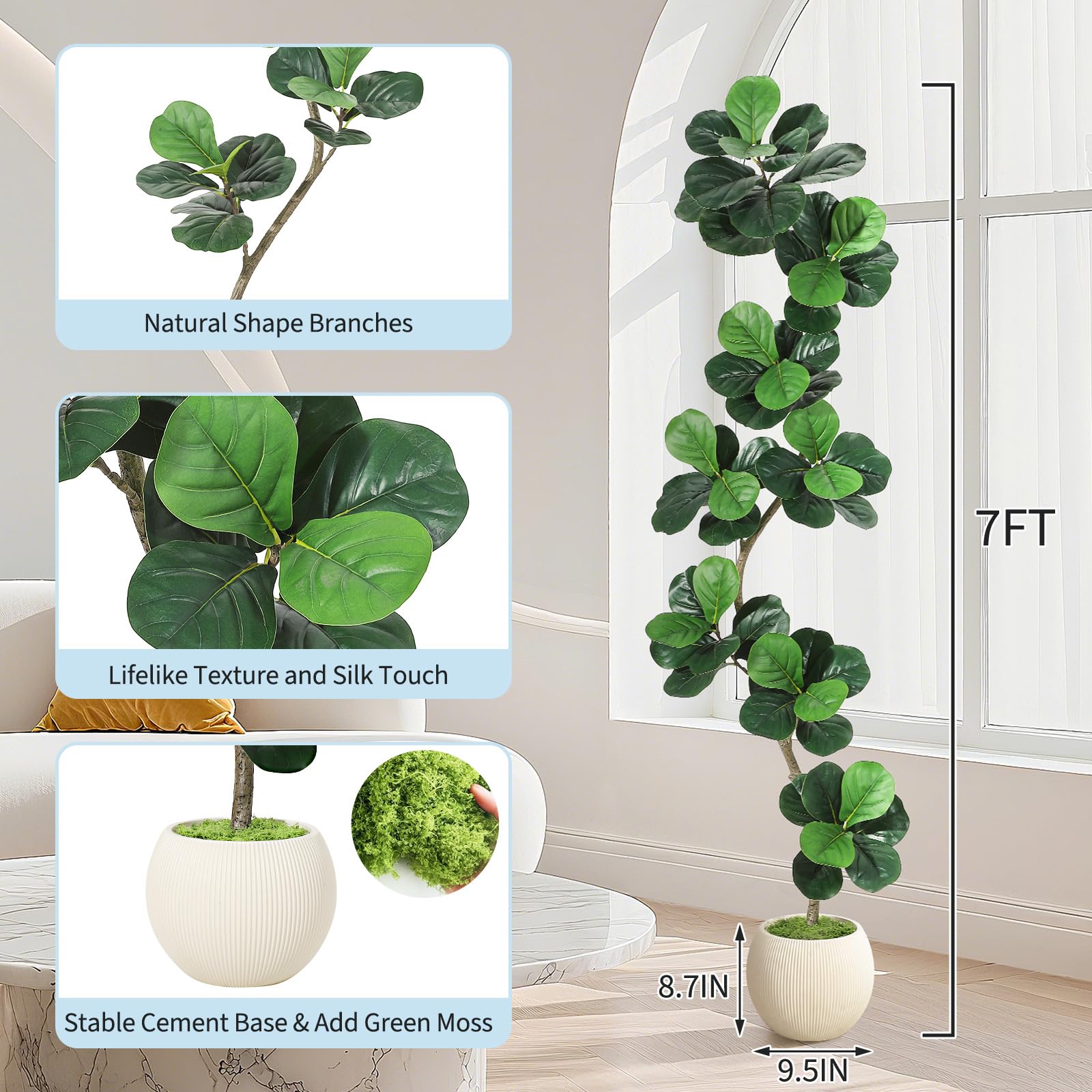 Albero di fico artificiale Garvee a foglia di violino da 7 piedi con vaso bianco, foglie realistiche, resistente alle intemperie per casa e ufficio