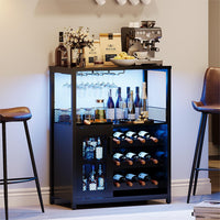 Mobile bar per vino Garvee con luce LED, ripiani regolabili, porta a rete, MDF e metallo, 36 pollici, cucina e sala da pranzo, base stabile, nero