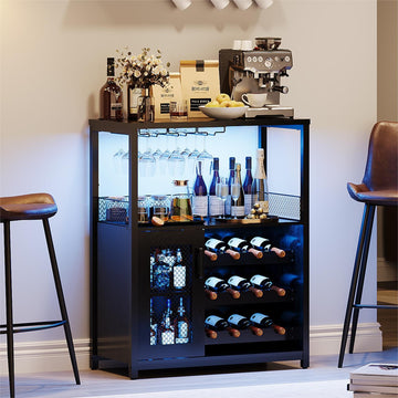 Mobile bar per vino Garvee con luce LED, ripiani regolabili, porta a rete, MDF e metallo, 36 pollici, cucina e sala da pranzo, base stabile, nero