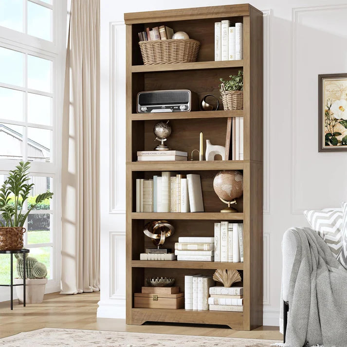 Garvee Libreria Rustica Alta 75" (190 cm), 2-6 Ripiani Regolabili, MDF Robusto, Anti-Ribaltamento, Uso Soggiorno e Ufficio, Elegante Neutro