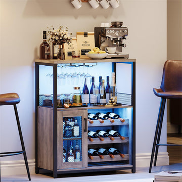 Mobile bar per vino Garvee con luce LED, ripiani regolabili, porta a rete, MDF e metallo, altezza 36", cucina e sala da pranzo, robusto, compatto