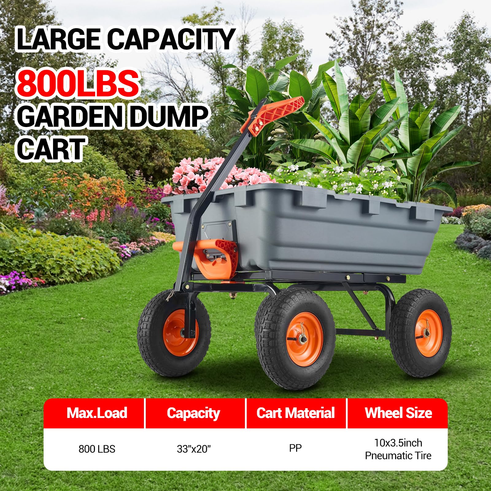Autocarro con cassone ribaltabile per impieghi gravosi Garvee, capacità di 408 kg, pneumatici fuoristrada da 33 cm, maniglia 2 in 1, telaio in metallo, scarico rapido, per giardino e cortile, robusto grigio