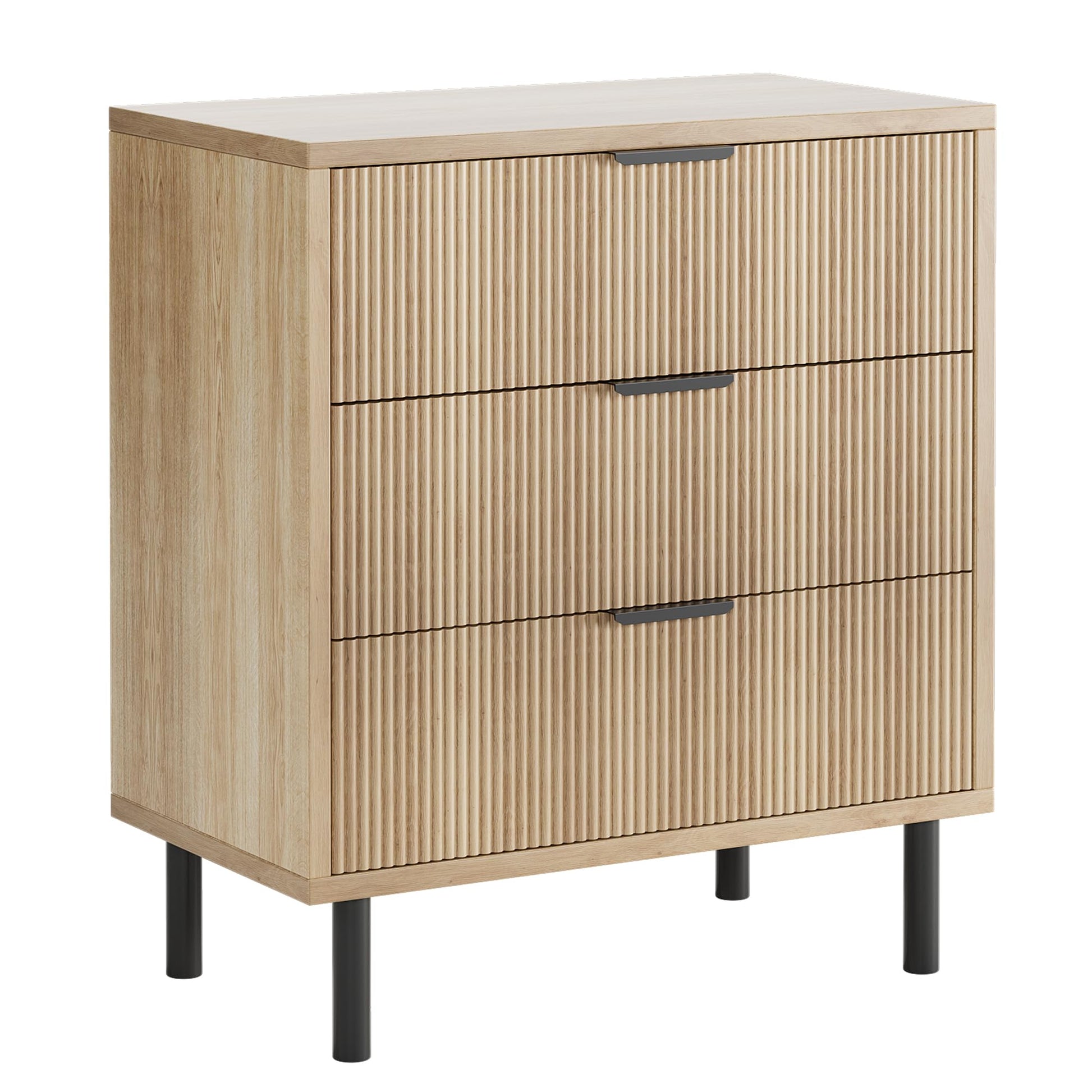 Cassettiera Garvee in rovere con 3 cassetti, design scanalato, gambe in metallo, protezione antiribaltamento per camera da letto e soggiorno, bianco, moderno