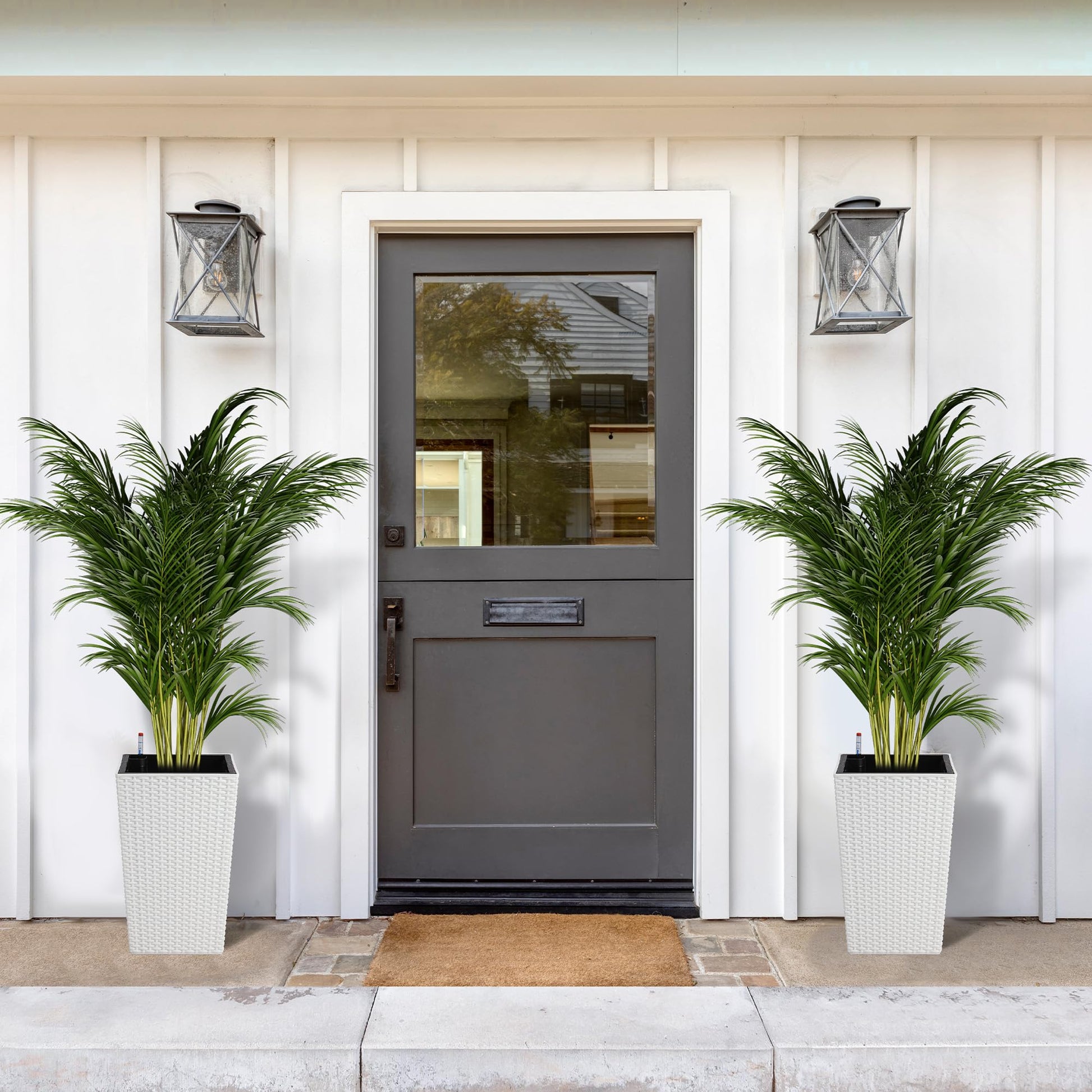 Set di fioriere in rattan Garvee da 16 pollici con indicatore del livello dell'acqua e ruote per patio e soggiorno, bianco, resistente alle intemperie