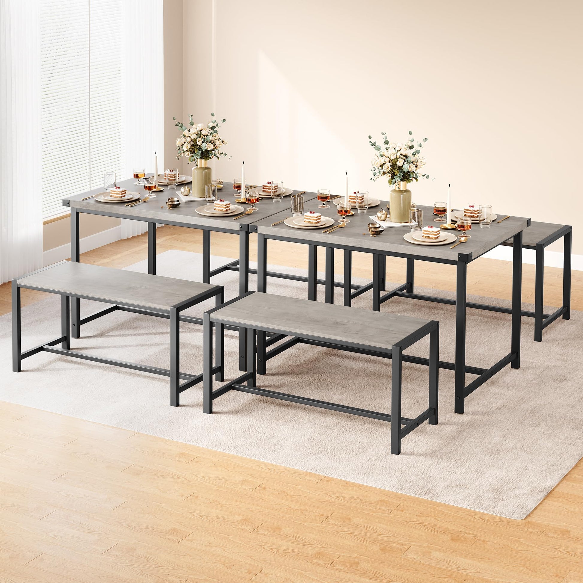 Set da pranzo Garvee per 4 persone con 2 panche, robusto MDF e acciaio, grigio, cucina e sala da pranzo, salvaspazio