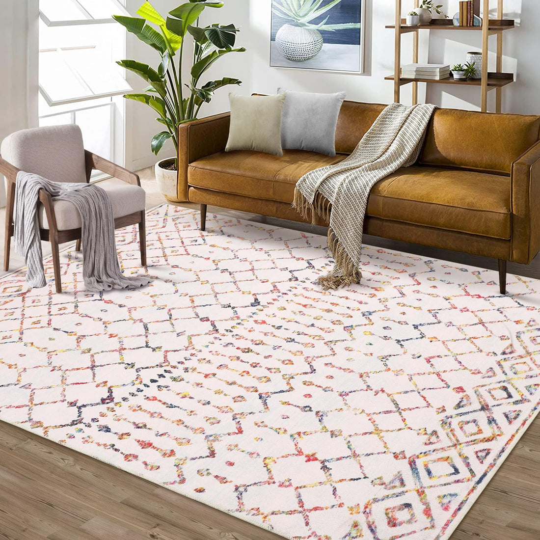Tappeto Boho GARVEE, pelo corto, 120x170 cm, antiscivolo, geometrico, multicolore, per soggiorno e camera da letto