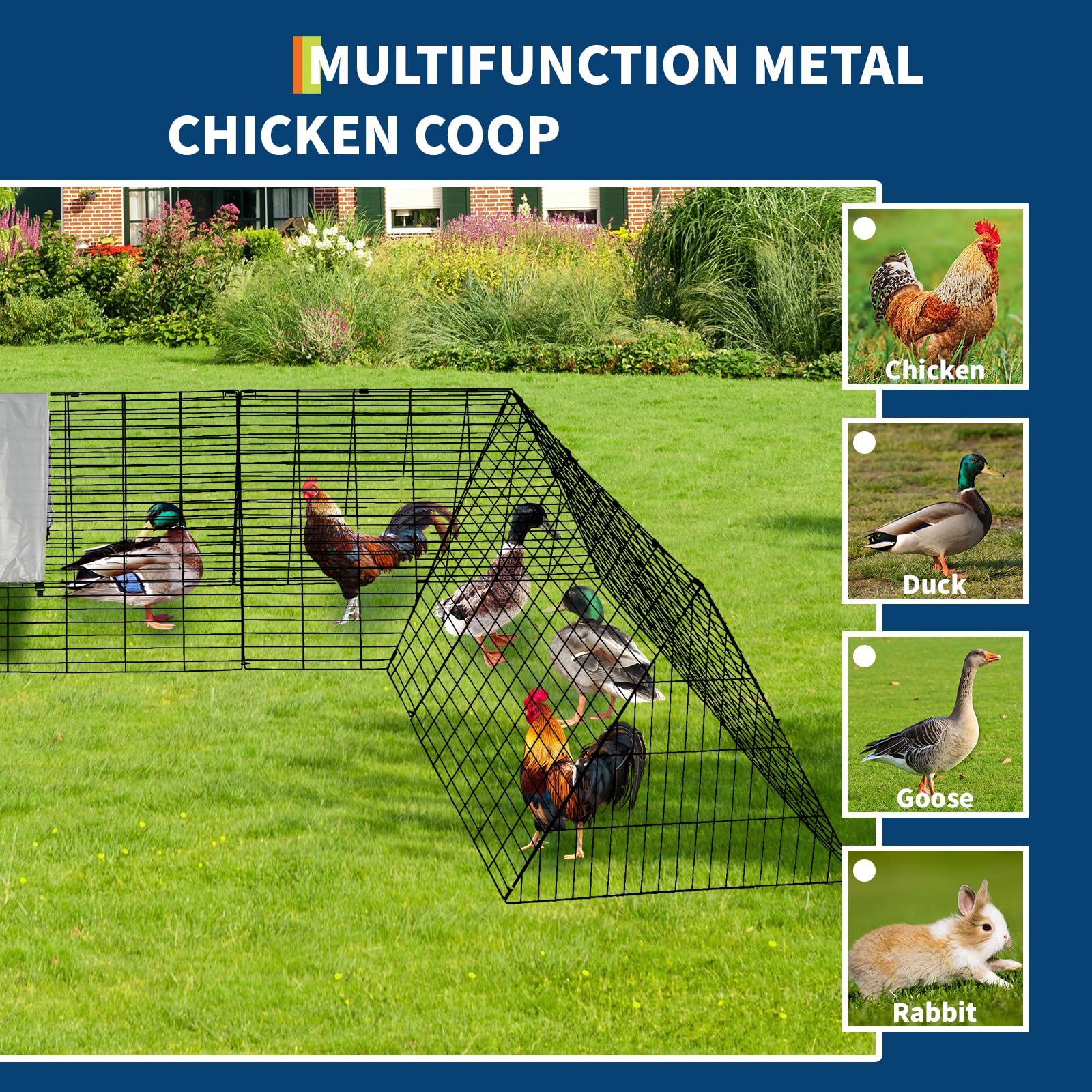 Garvee Mobile Chicken Run con copertura, struttura in acciaio, telone impermeabile per giardino e cortile, telaio angolare regolabile, recinto sicuro all'aperto, robusto e versatile
