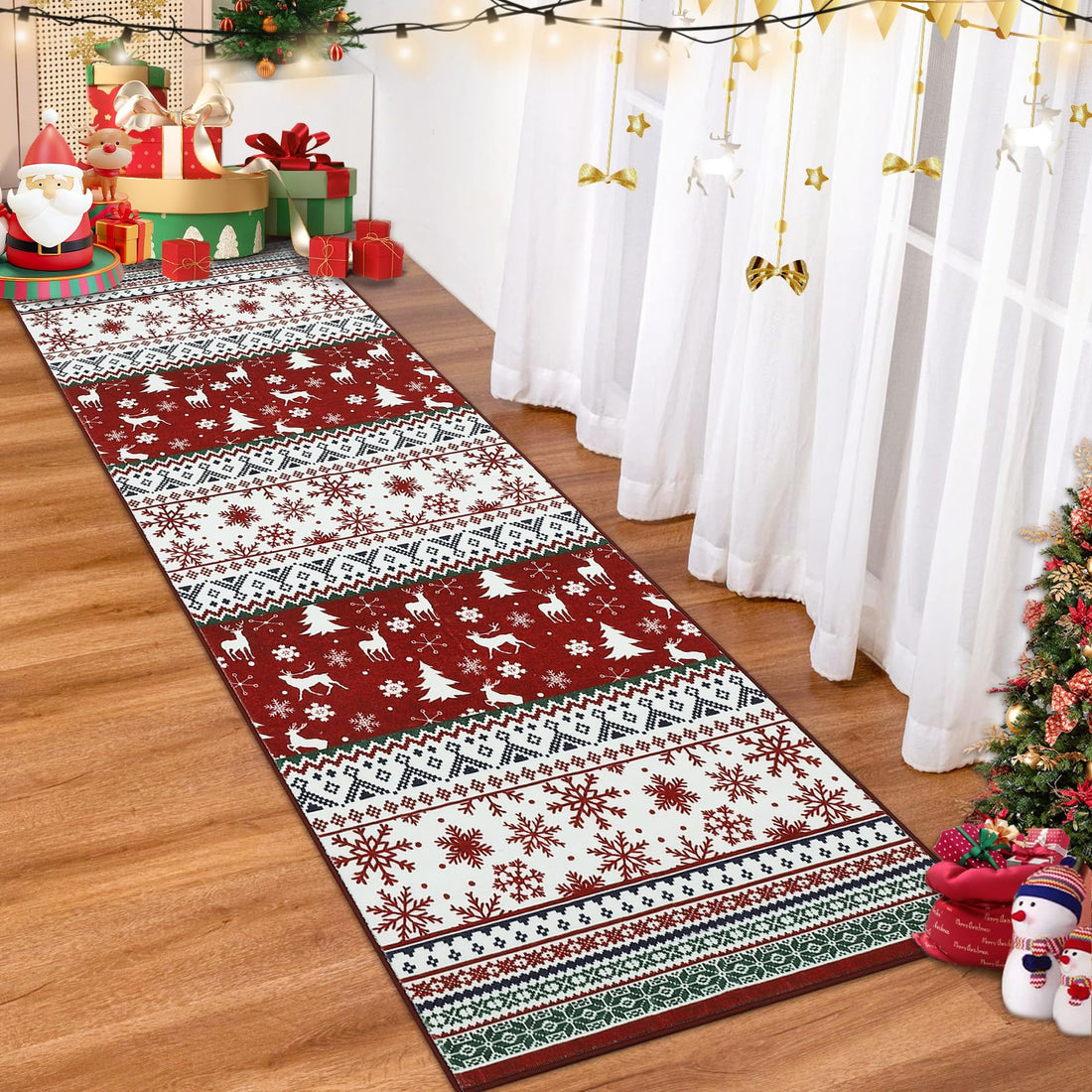 Tappeto natalizio Garvee 60x180cm rosso-verde lavabile antiscivolo per soggiorno, camera da letto, cucina, cameretta dei bambini, ingresso
