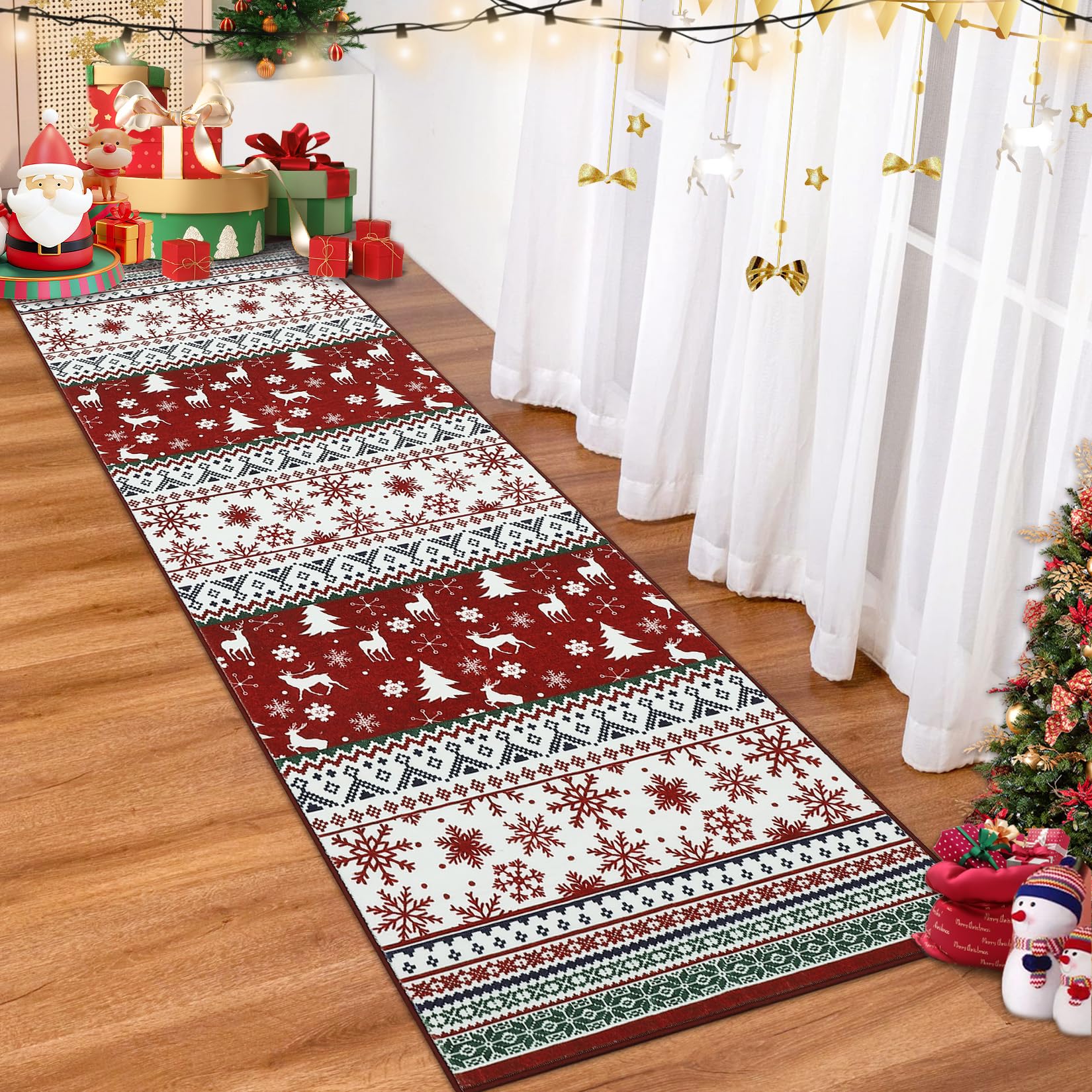 Tappeto natalizio Garvee 60x180cm rosso-verde lavabile antiscivolo per soggiorno, camera da letto, cucina, cameretta dei bambini, ingresso