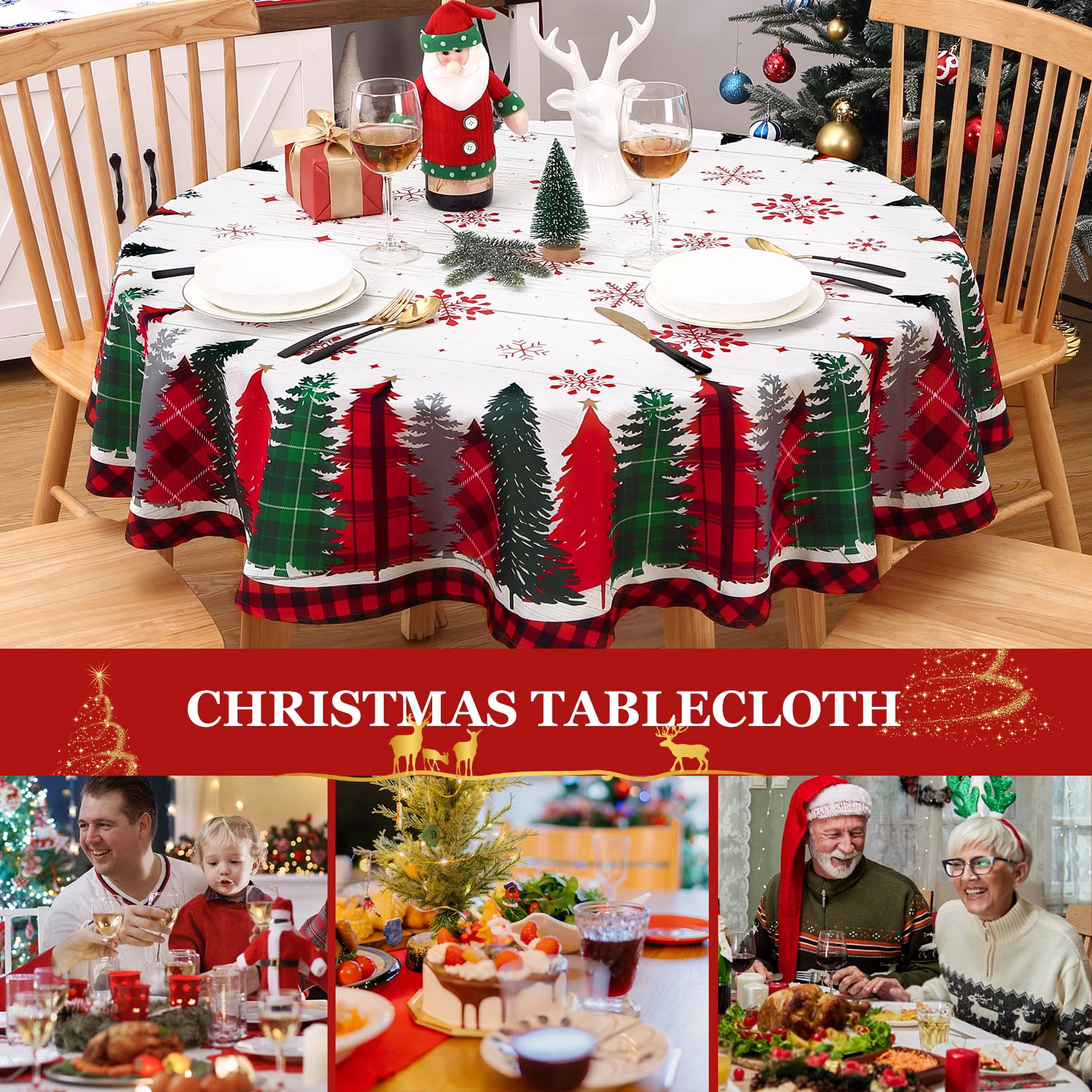 Tovaglia natalizia rotonda Garvee con motivo a pino, venature del legno, 152,4 cm, resistente, facile da pulire, festiva