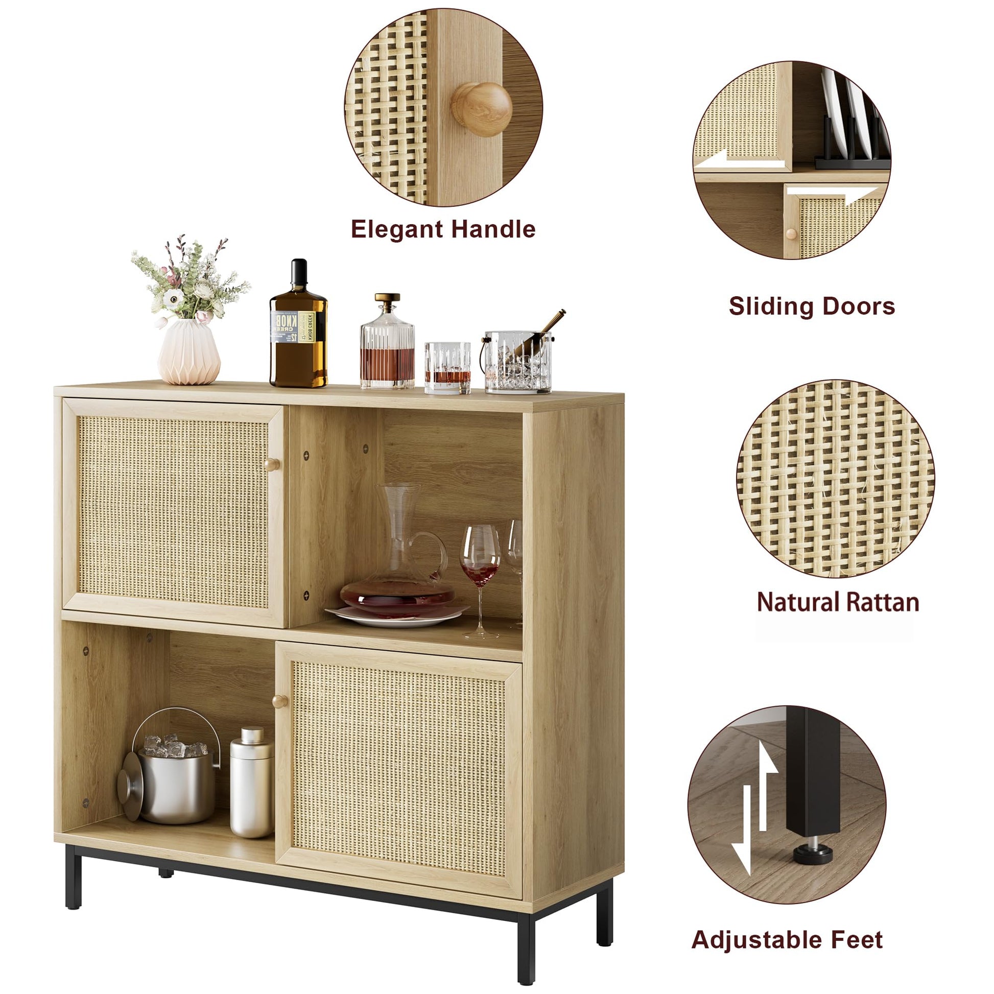 Garvee Buffet Sideboard In Legno Con 2 Porte In Rattan, 2 Ripiani, Piedi Stabili, Multiuso Per Soggiorno E Cucina, Rustico, Naturale