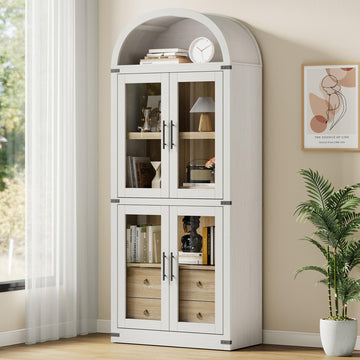 Libreria ad arco Garvee, stile fattoria, con ante e cassetti, per soggiorno e ufficio, alta 180 cm, in legno MDF, angoli in metallo, colore legno naturale.