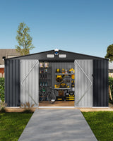 Garvee Capanno Da Giardino 3x3.7 m In Acciaio Zincato Con Porta Serratura Finestre Tetto Inclinato Grigio Scuro Per Esterni