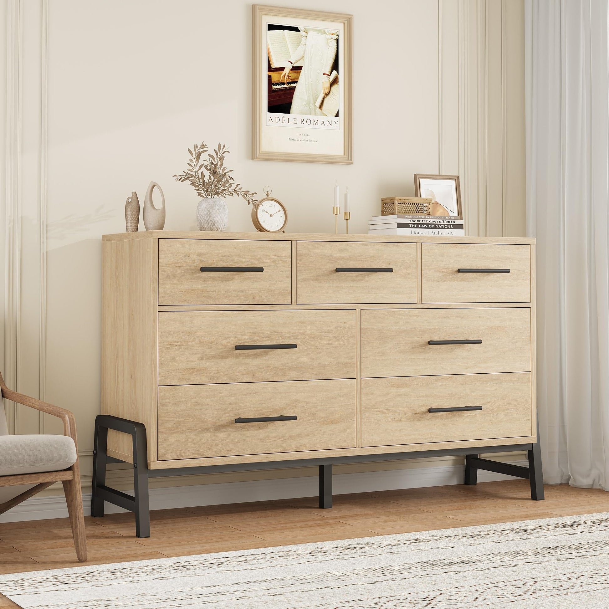 Cassettiera Garvee a 7 cassetti in legno MDF, tavolo impermeabile per camera da letto e soggiorno, design moderno, robusto, 52x16x32 pollici, colore naturale