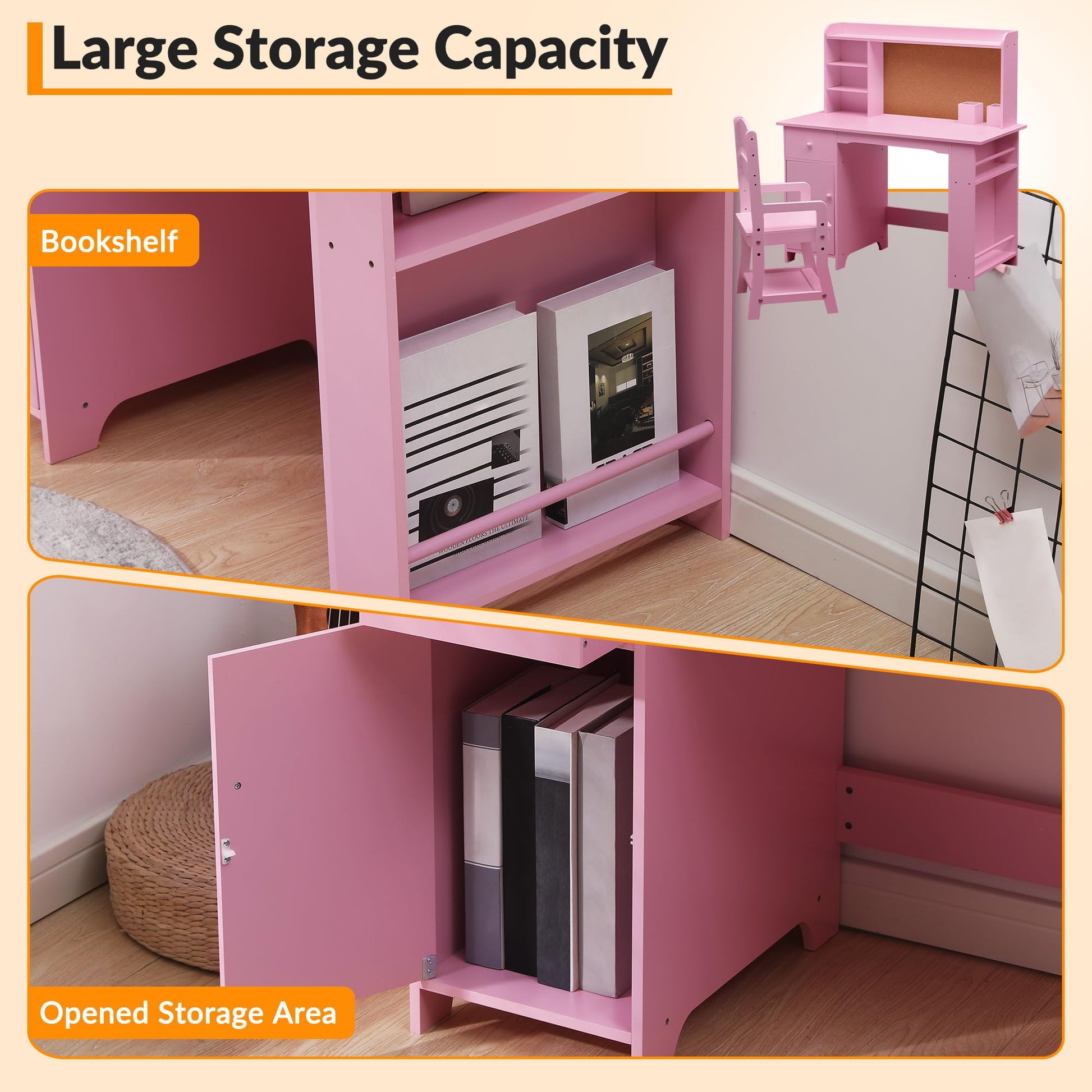 Set da scrivania per bambini Garvee con ripiano e cassetto per ragazzi e ragazze, dai 3 agli 8 anni, in legno, rosa, per l'apprendimento e la sala giochi