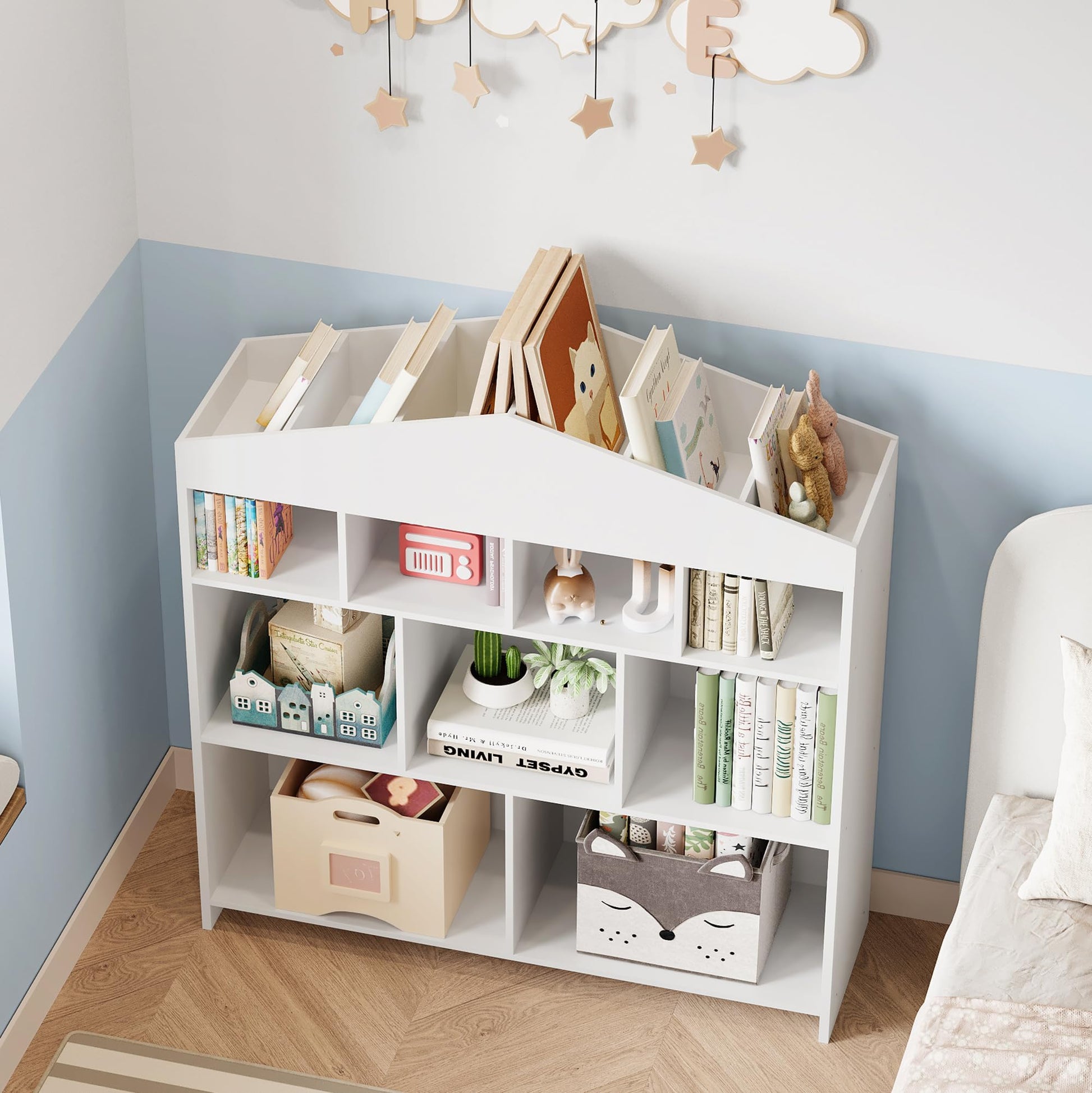 Garvee Libreria per Bambini con 9 Cubi di Stoccaggio, Organizer Giocattoli, Design a Casetta, Legno Robusto, Antiribaltamento, Facile da Pulire, per Cameretta e Asilo, 39.4x40.7x11.8 Pollici, Naturale