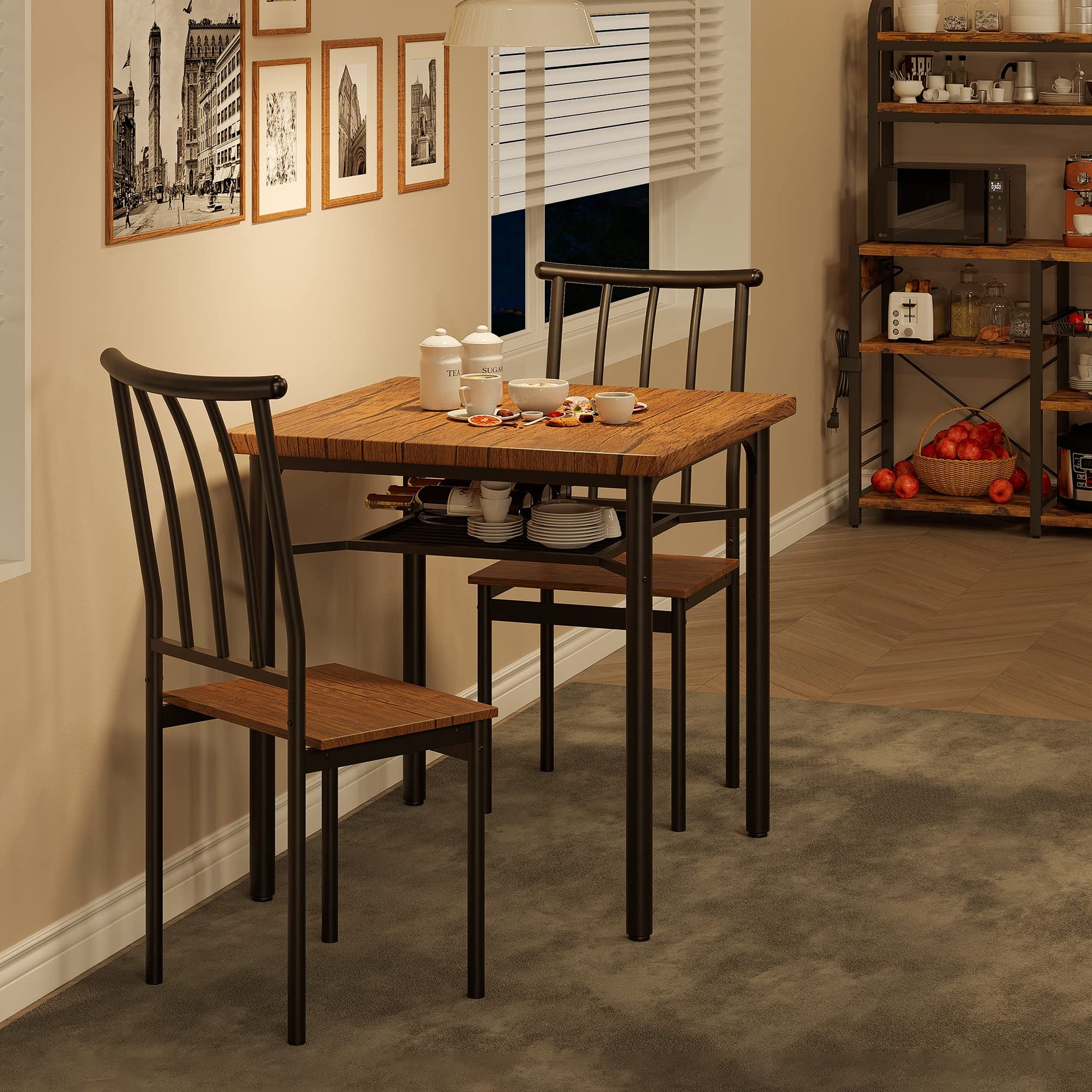Set da pranzo Garvee per 2 persone con portabottiglie, tavolo in MDF robusto, piedini regolabili, struttura in metallo, compatto, marrone rustico