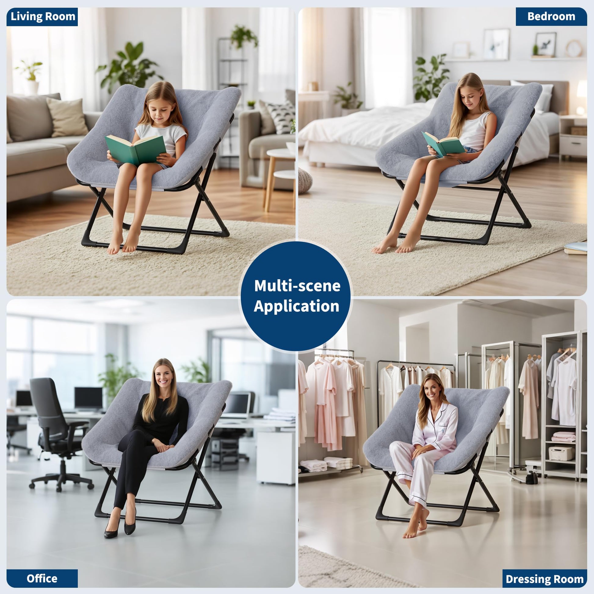 Poltrona Garvee Comfy Chair Extra Large con struttura in metallo, pelliccia sintetica ultra morbida, pieghevole, base antiscivolo, grigia per soggiorno e camera da letto