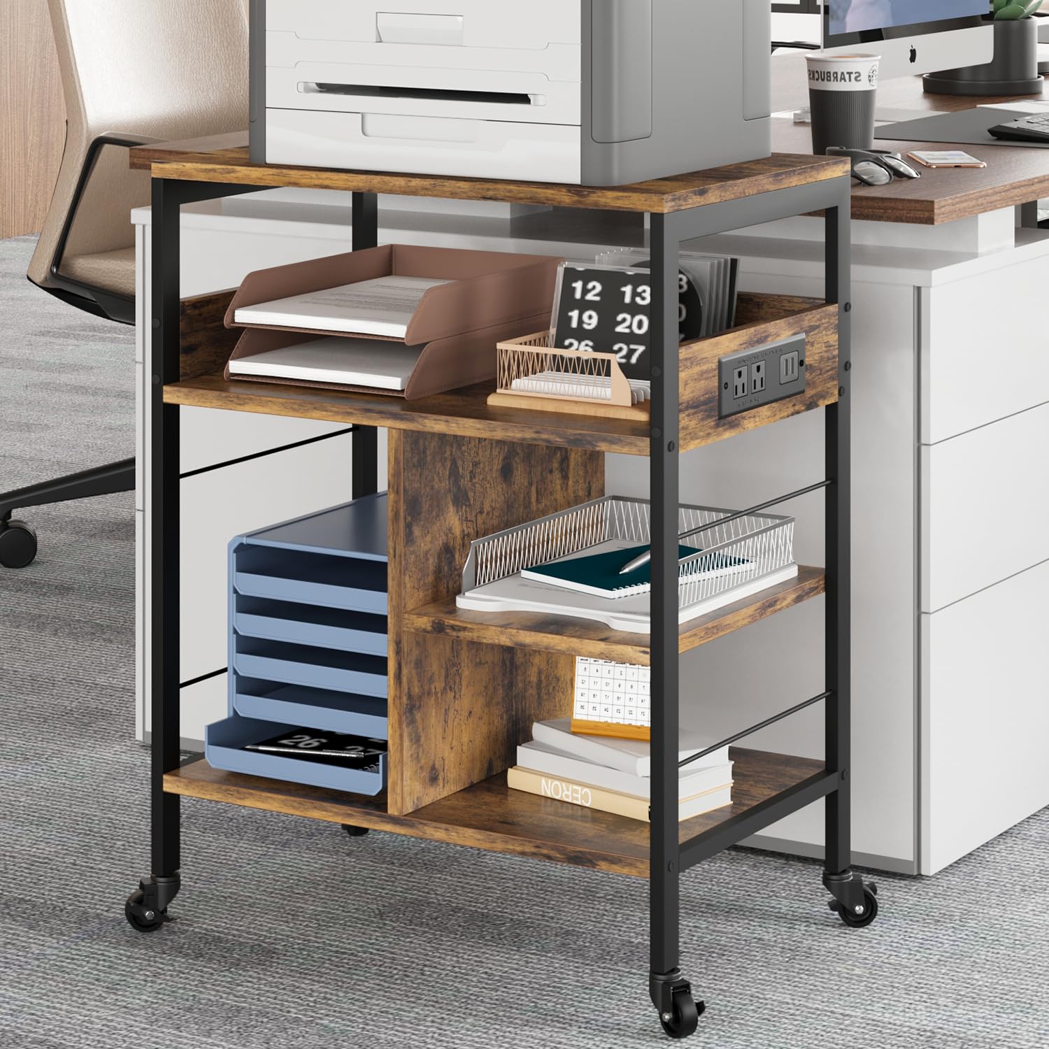 Supporto per stampante mobile Garvee di grandi dimensioni con prese di corrente e USB, carrello a 4 ripiani, struttura in metallo, pannello in MDF, ruote con bloccaggio per ufficio e soggiorno, 23,66"x15,76"x31,86", nero