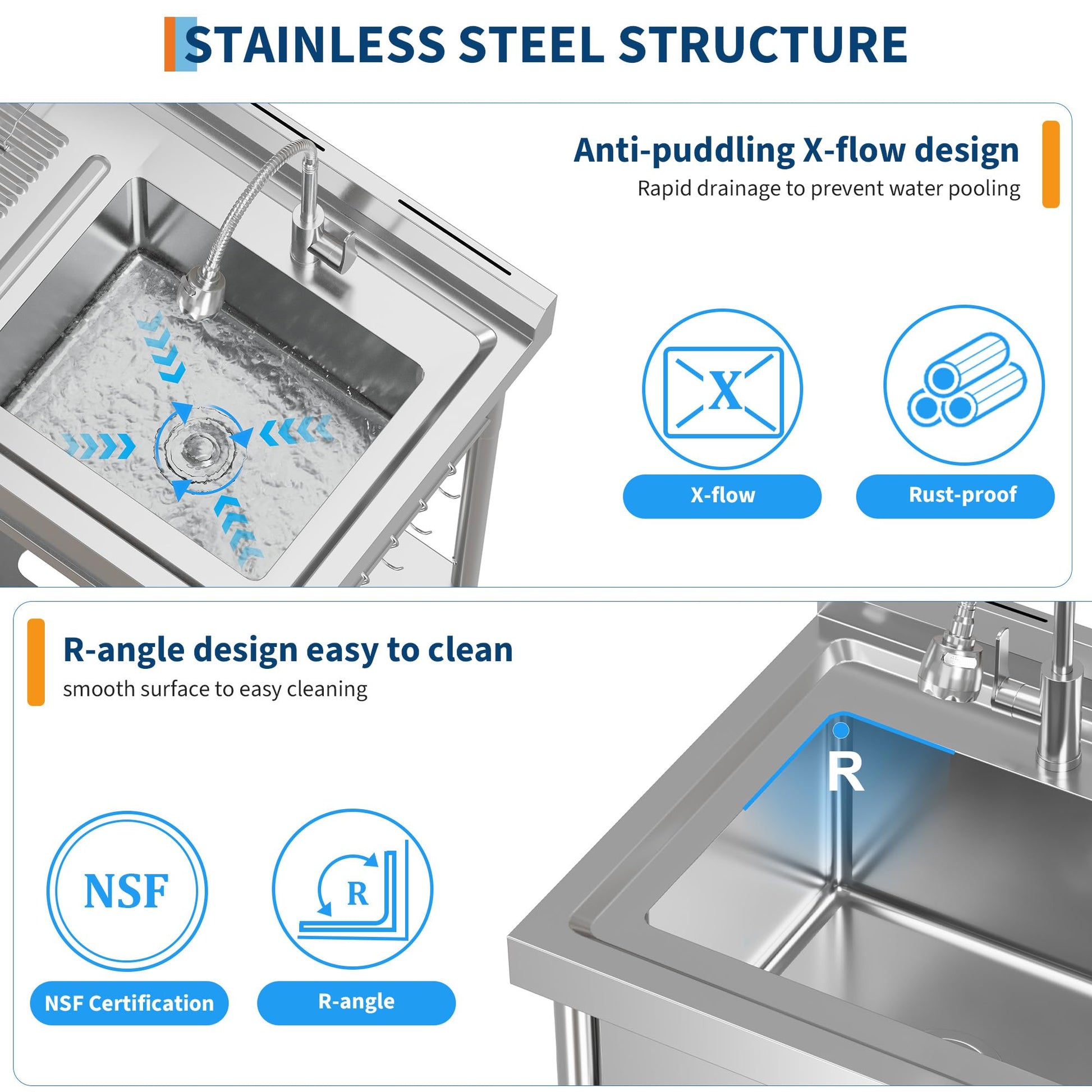 Lavabo Garvee in acciaio inox con rubinetto acqua calda/fredda, vasca singola, cassetto per lavanderia e garage, indipendente, argento