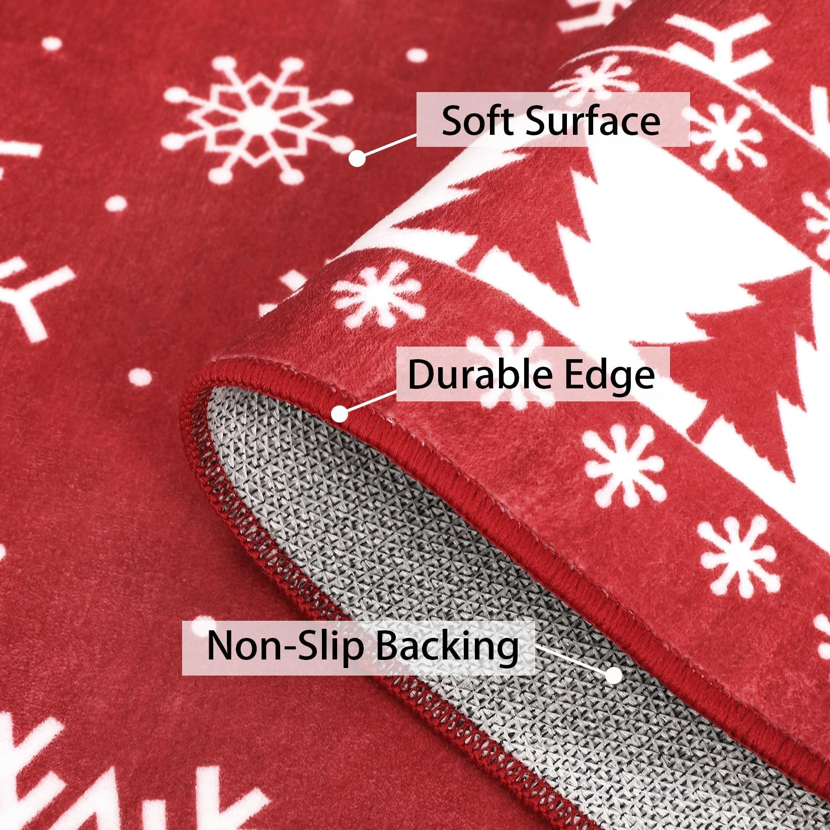 Tappeto natalizio Garvee rosso 120x170 cm con fiocchi di neve e albero di Natale per soggiorno e camera da letto, lavabile, TPR antiscivolo, pelo corto