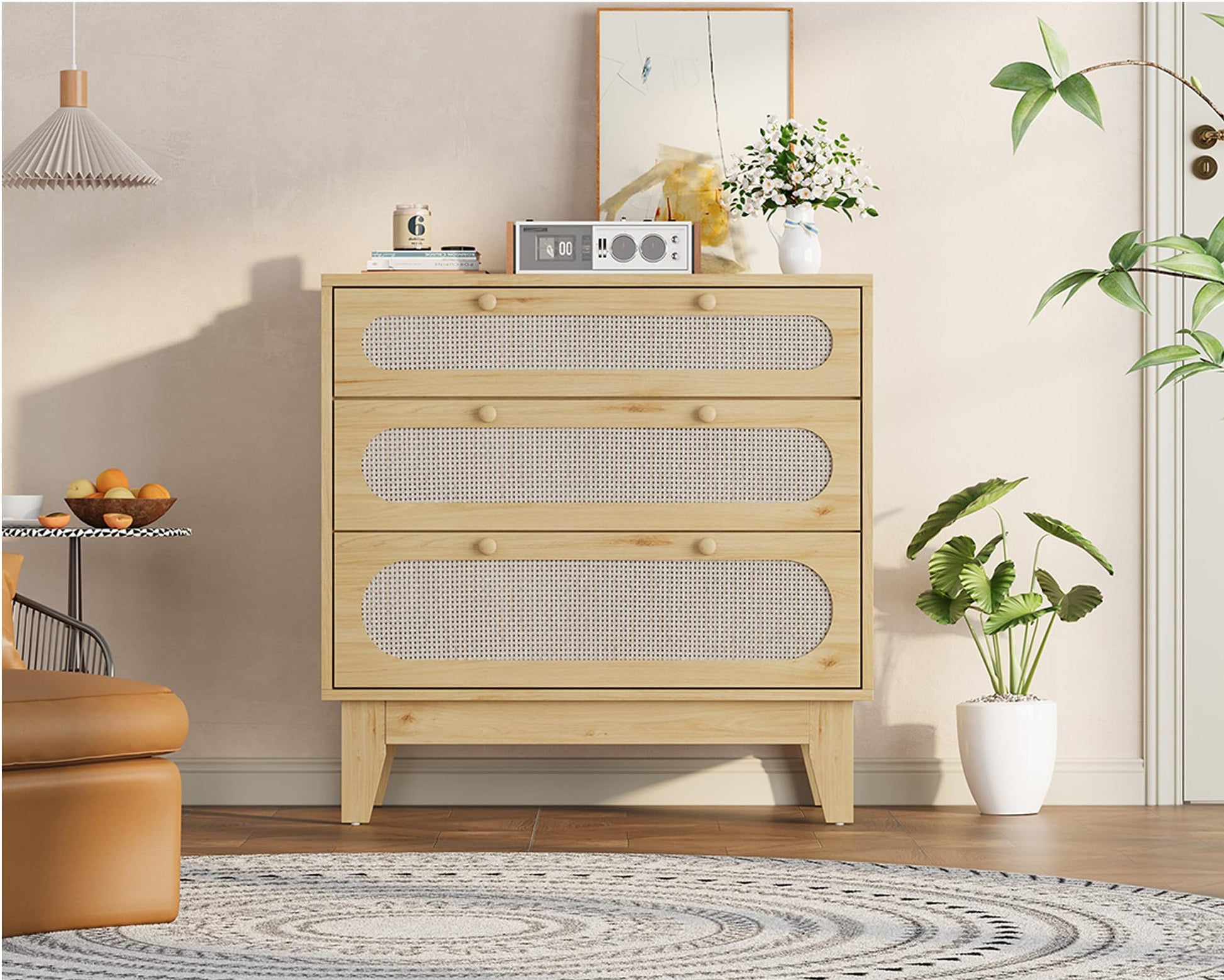 Cassettiera Garvee a 3 cassetti, in legno e rattan, design moderno, soggiorno e camera da letto, rovere chiaro, robusta e versatile